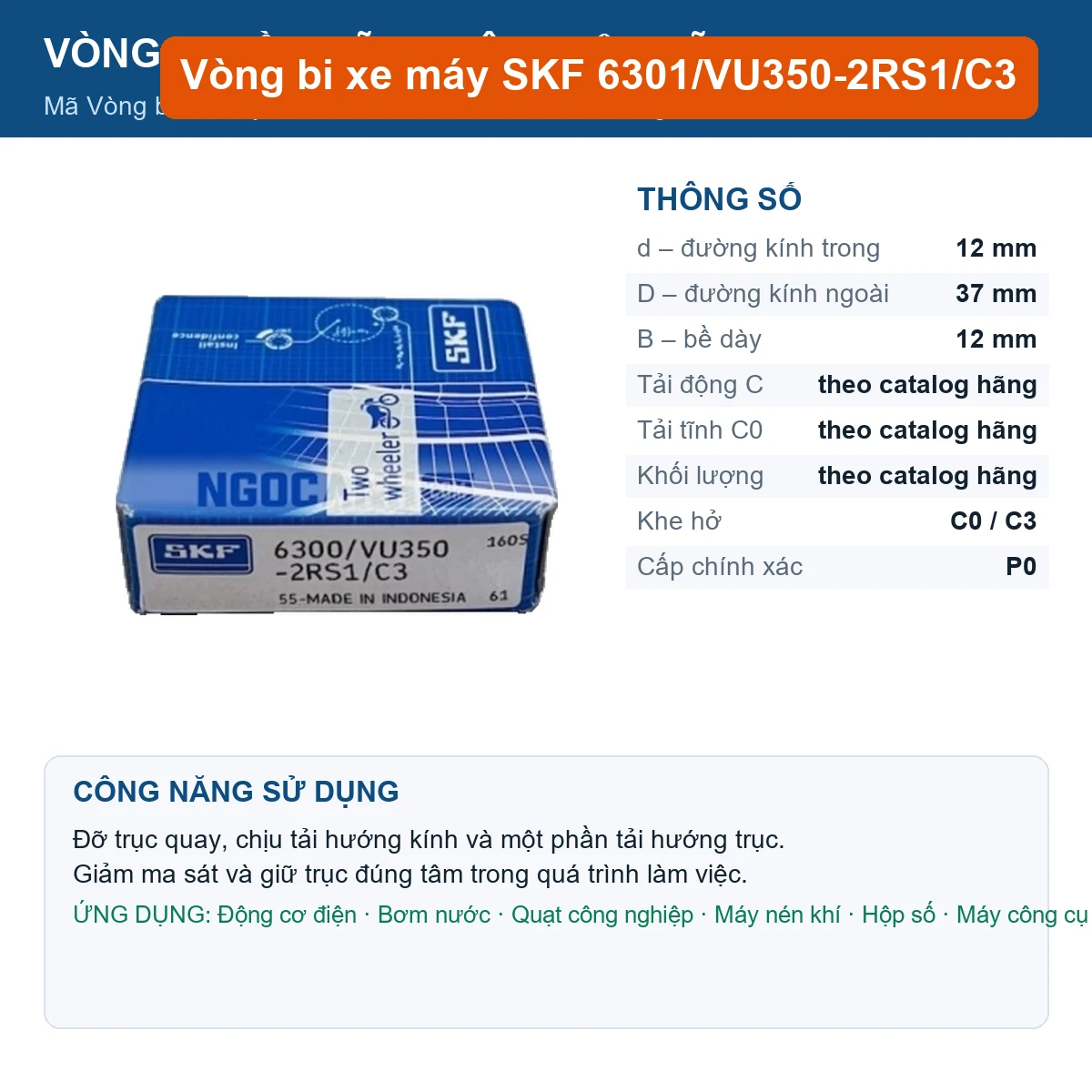 Vòng bi SKF 6301/VU350-2RS1/C3 12x37x12mm — Ảnh đăng sản phẩm (web)