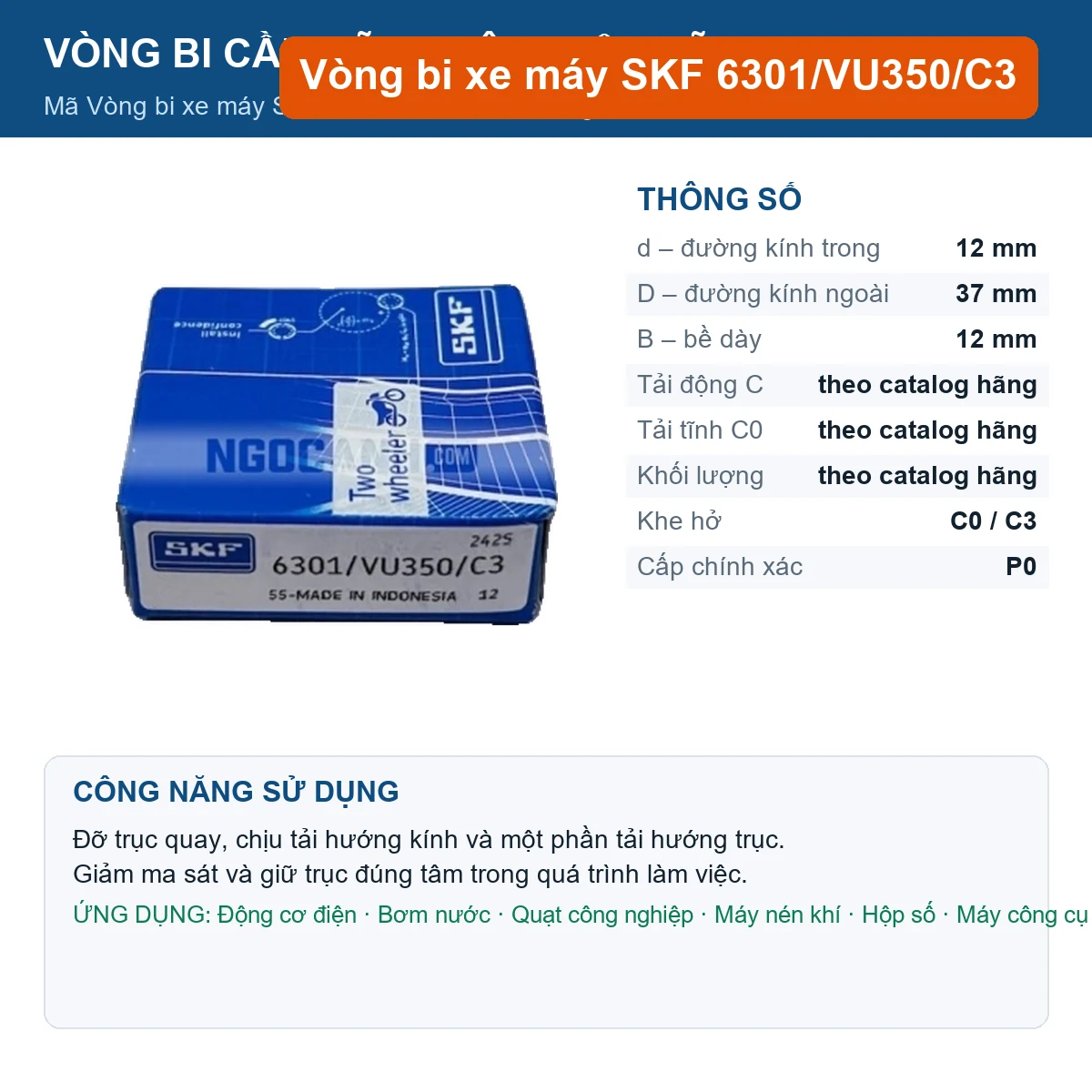 Vòng bi SKF 6301/VU350/C3 12x37x12mm — Ảnh đăng sản phẩm (web)