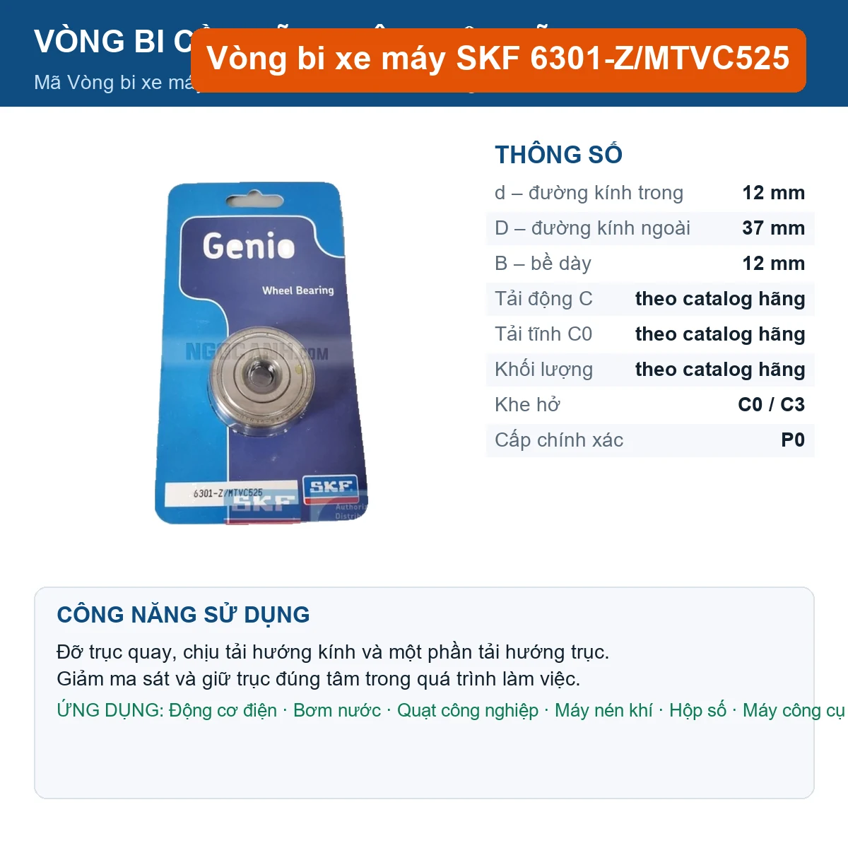 Vòng bi SKF 6301-Z/MTVC525 12x37x12mm — Ảnh đăng sản phẩm (web)