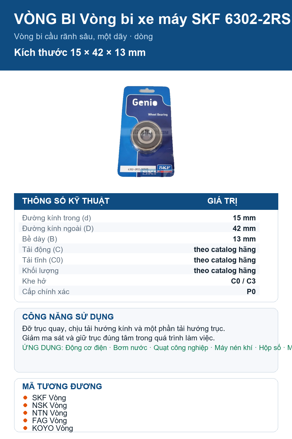 Vòng bi SKF 6302-2RS1/VC525 15x42x13mm — Ảnh thông số (Pinterest)
