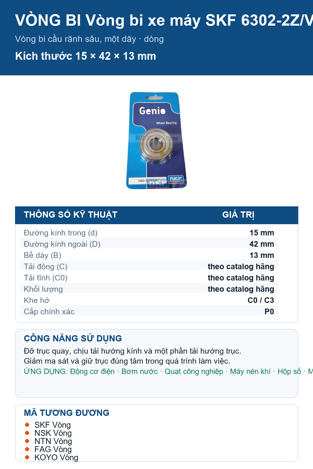 Vòng bi SKF 6302-2Z/VC525 15x42x13mm — Ảnh thông số (Pinterest)