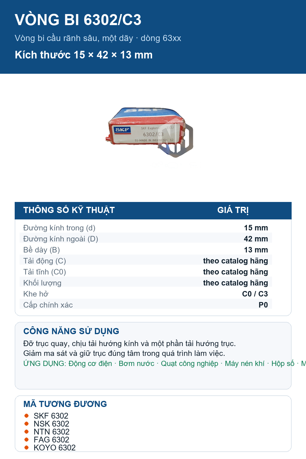 Vòng bi SKF 6302/C3 15x42x13mm — Ảnh thông số (Pinterest)