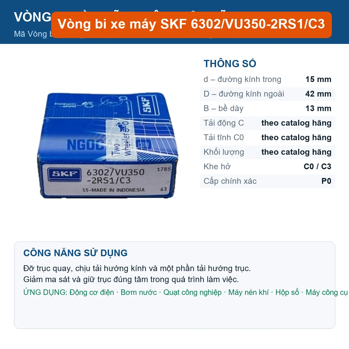 Vòng bi SKF 6302/VU350-2RS1/C3 15x42x13mm — Ảnh đăng sản phẩm (web)