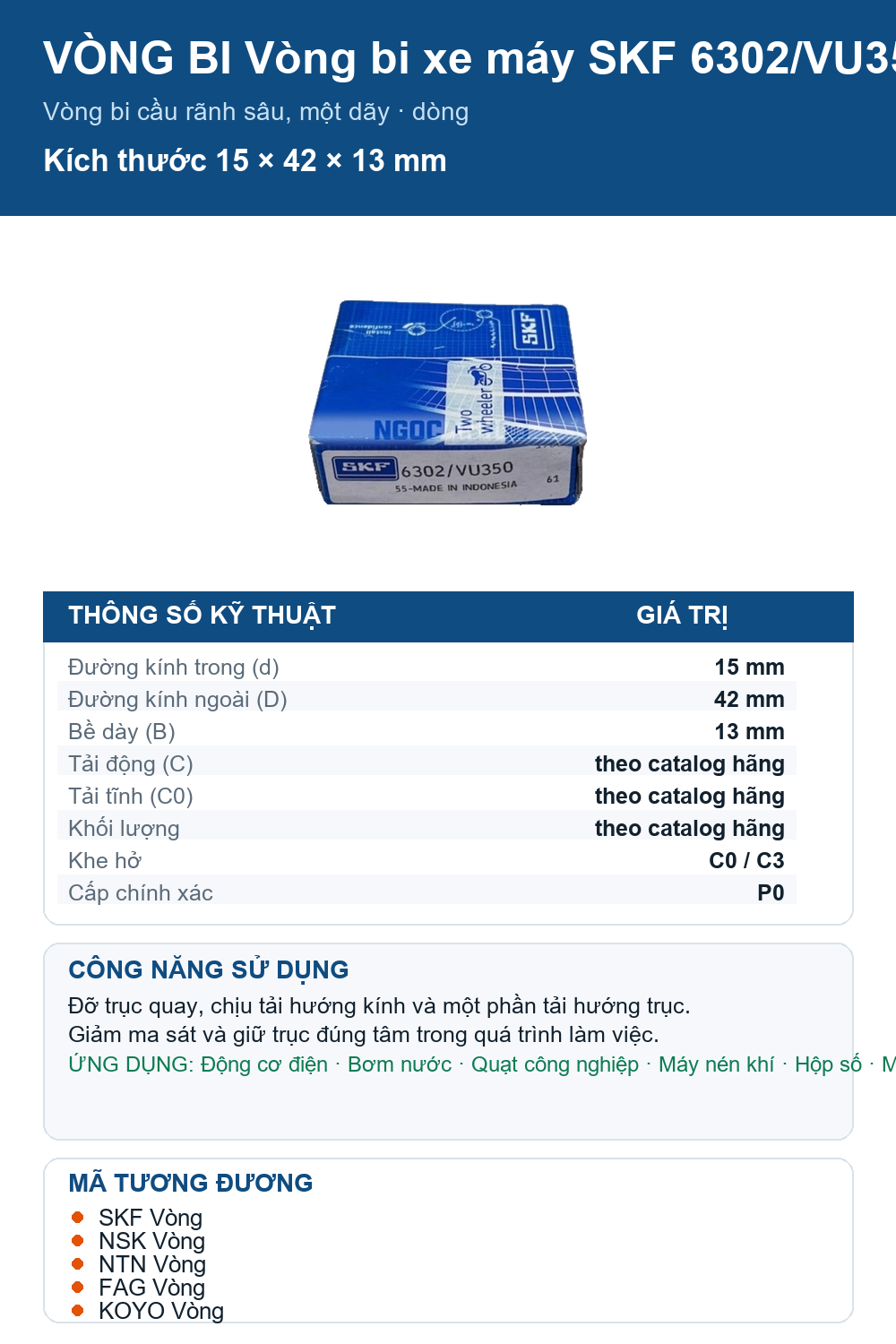 Vòng bi SKF 6302/VU350 15x42x13mm — Ảnh thông số (Pinterest)