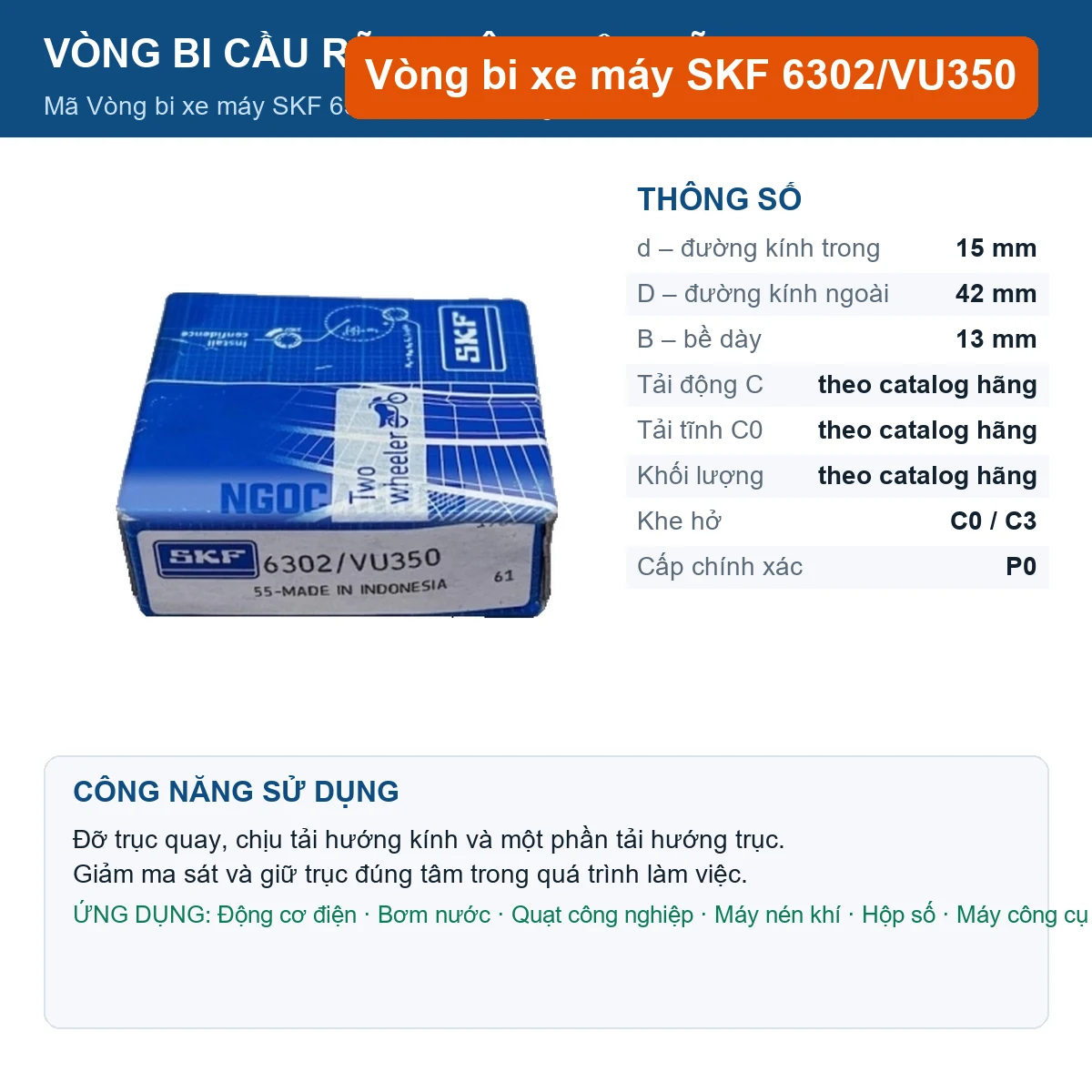 Vòng bi SKF 6302/VU350 15x42x13mm — Ảnh đăng sản phẩm (web)