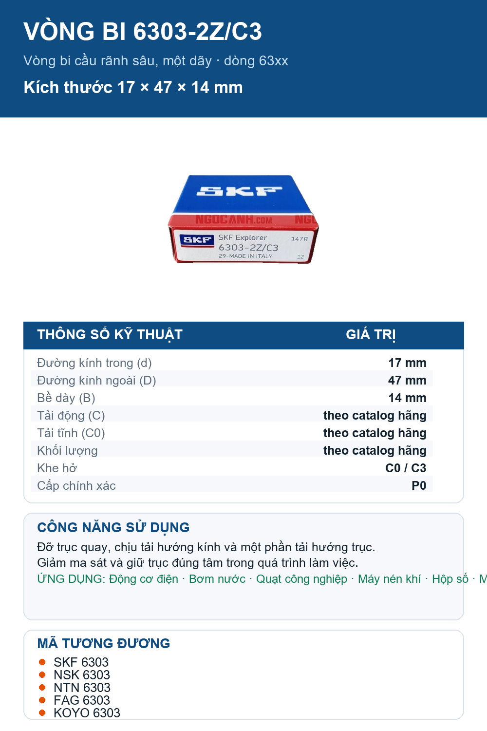 Vòng bi SKF 6303-2Z/C3 17x47x14mm — Ảnh thông số (Pinterest)