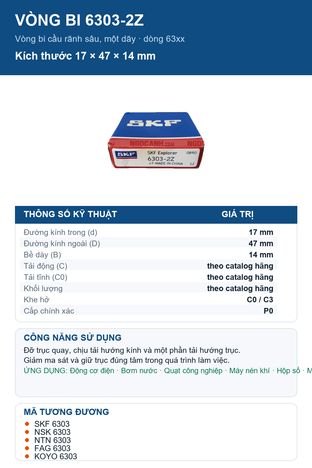 Vòng bi SKF 6303-2Z 17x47x14mm — Ảnh thông số (Pinterest)