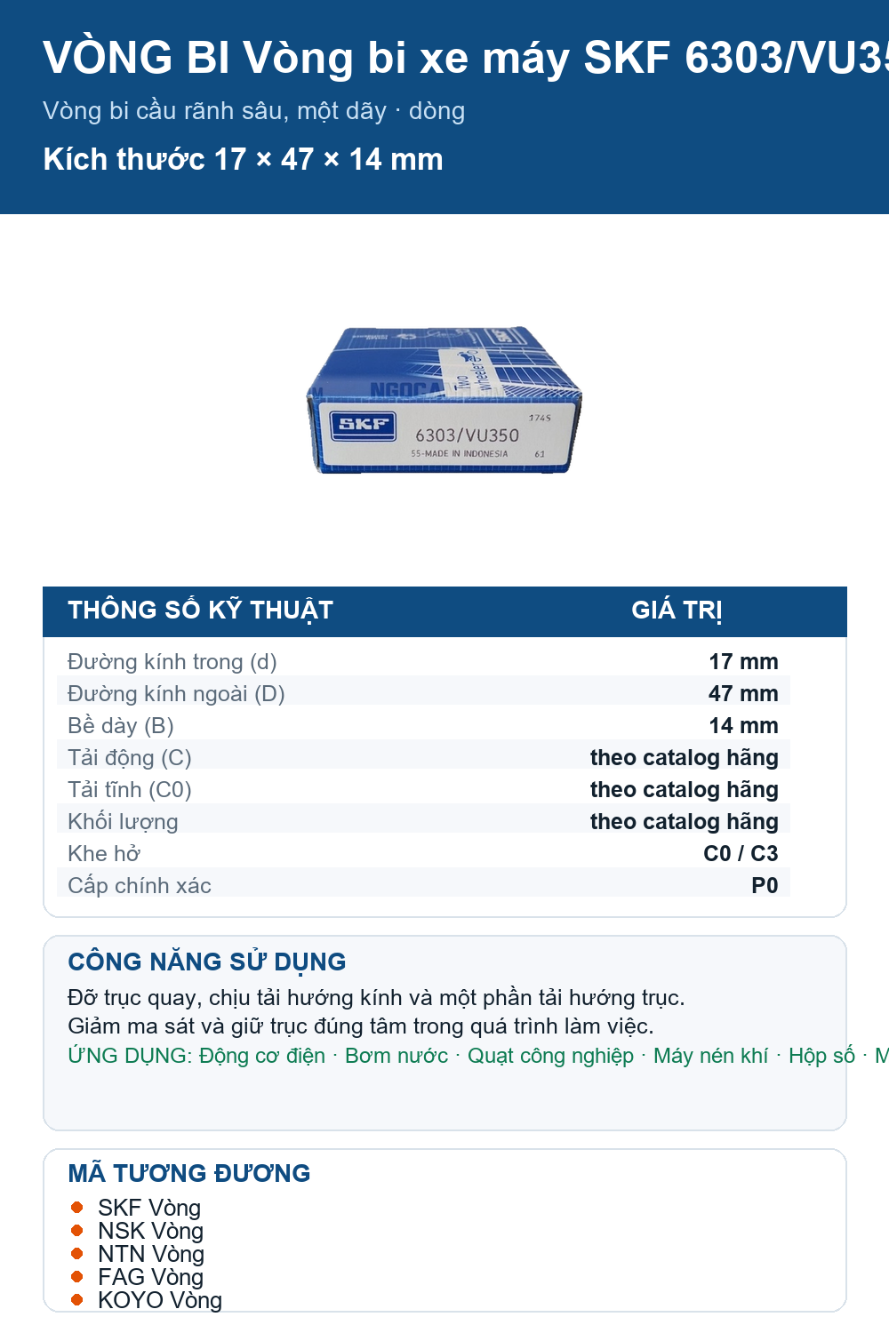 Vòng bi SKF 6303/VU350 17x47x14mm — Ảnh thông số (Pinterest)