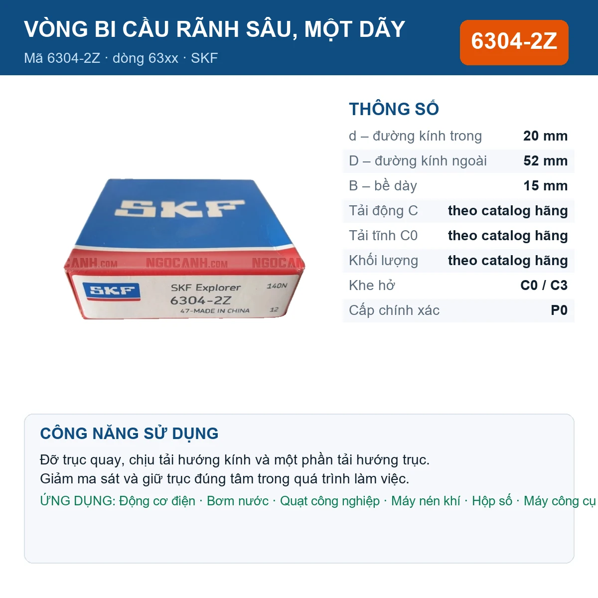 Vòng bi SKF 6304-2Z — kích thước 20x52x15mm
