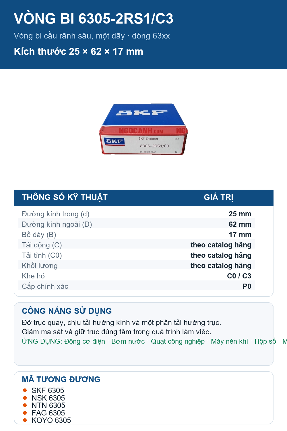 Vòng bi SKF 6305-2RS1/C3 25x62x17mm — Ảnh thông số (Pinterest)