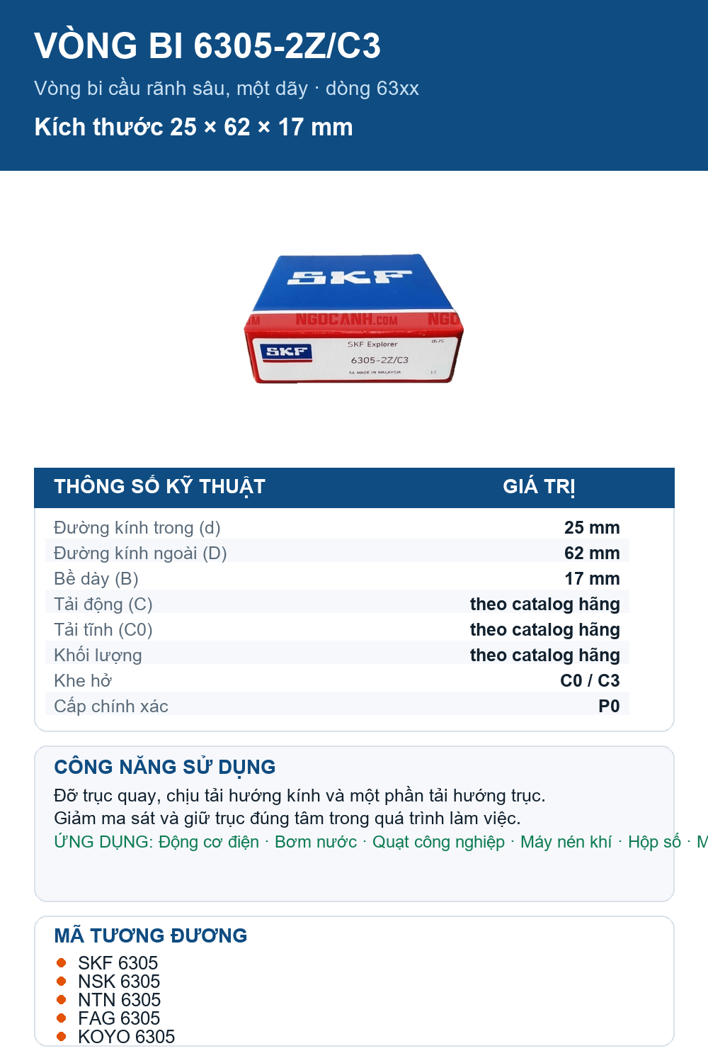 Vòng bi SKF 6305-2Z/C3 25x62x17mm — Ảnh thông số (Pinterest)