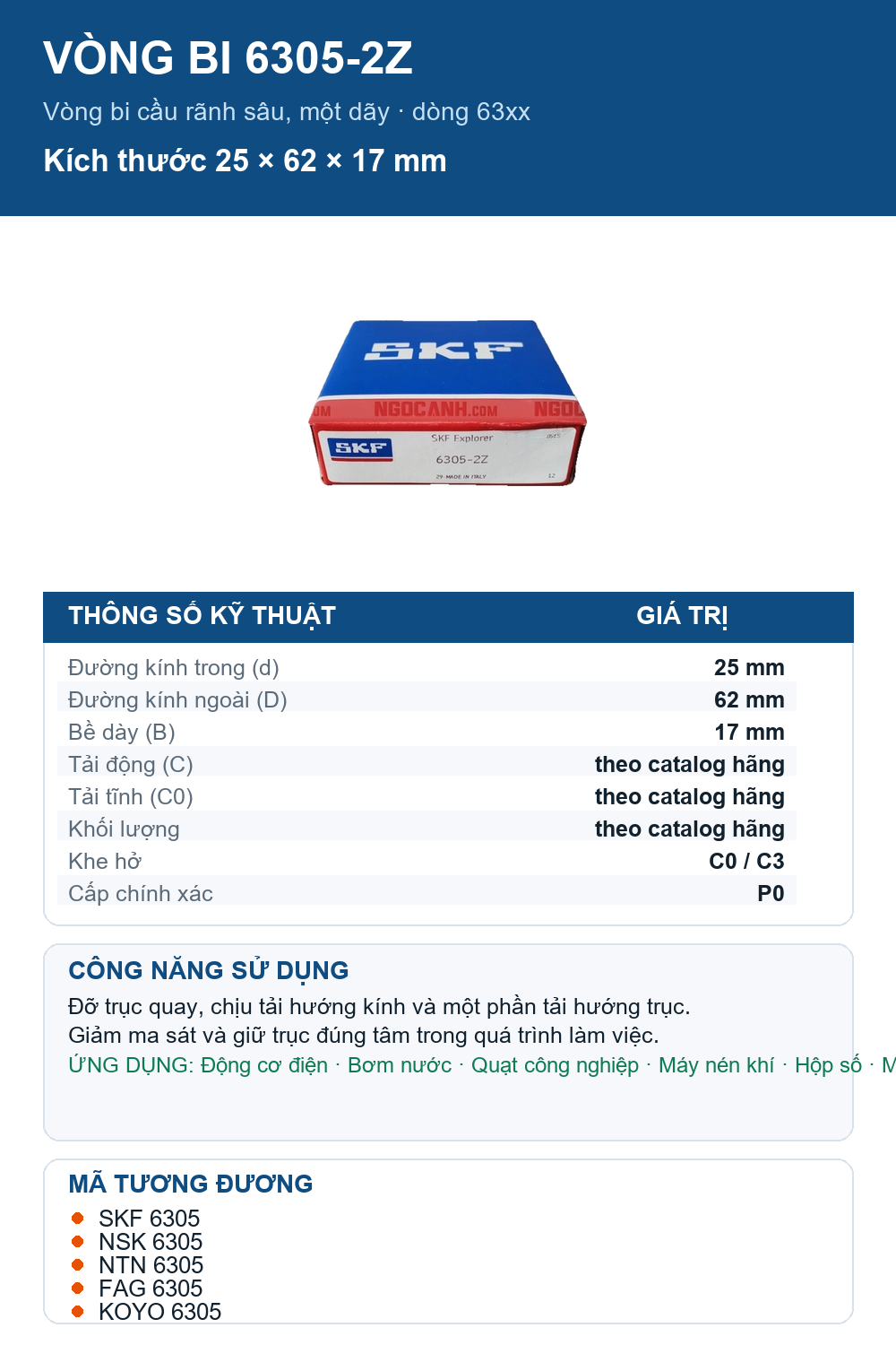 Vòng bi SKF 6305-2Z 25x62x17mm — Ảnh thông số (Pinterest)