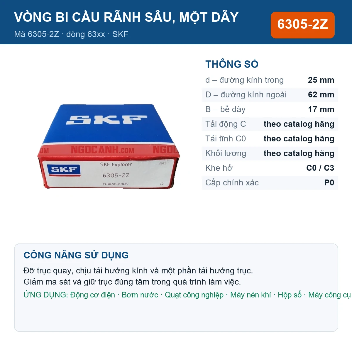 Vòng bi SKF 6305-2Z — kích thước 25x62x17mm