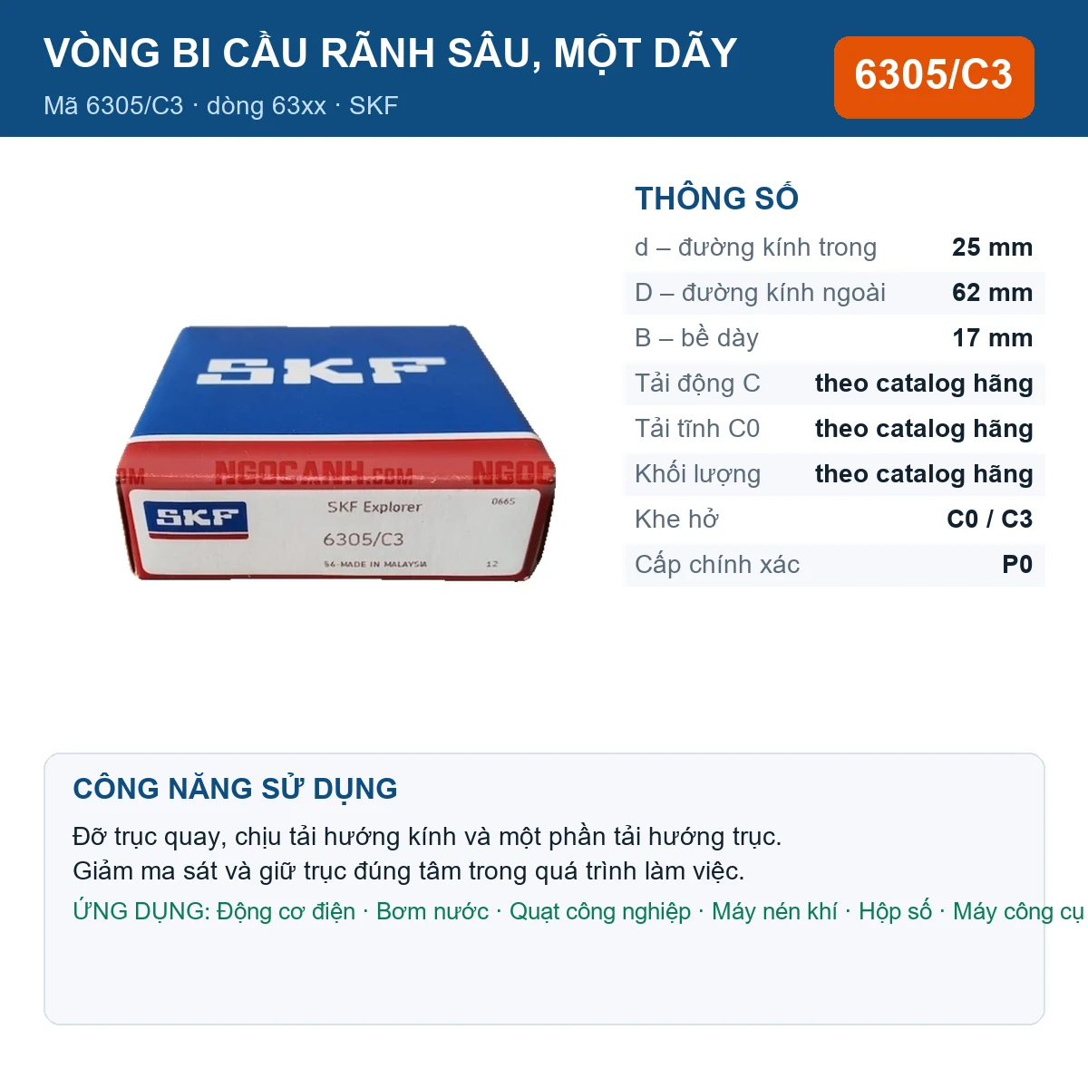 Vòng bi SKF 6305/C3 — kích thước 25x62x17mm
