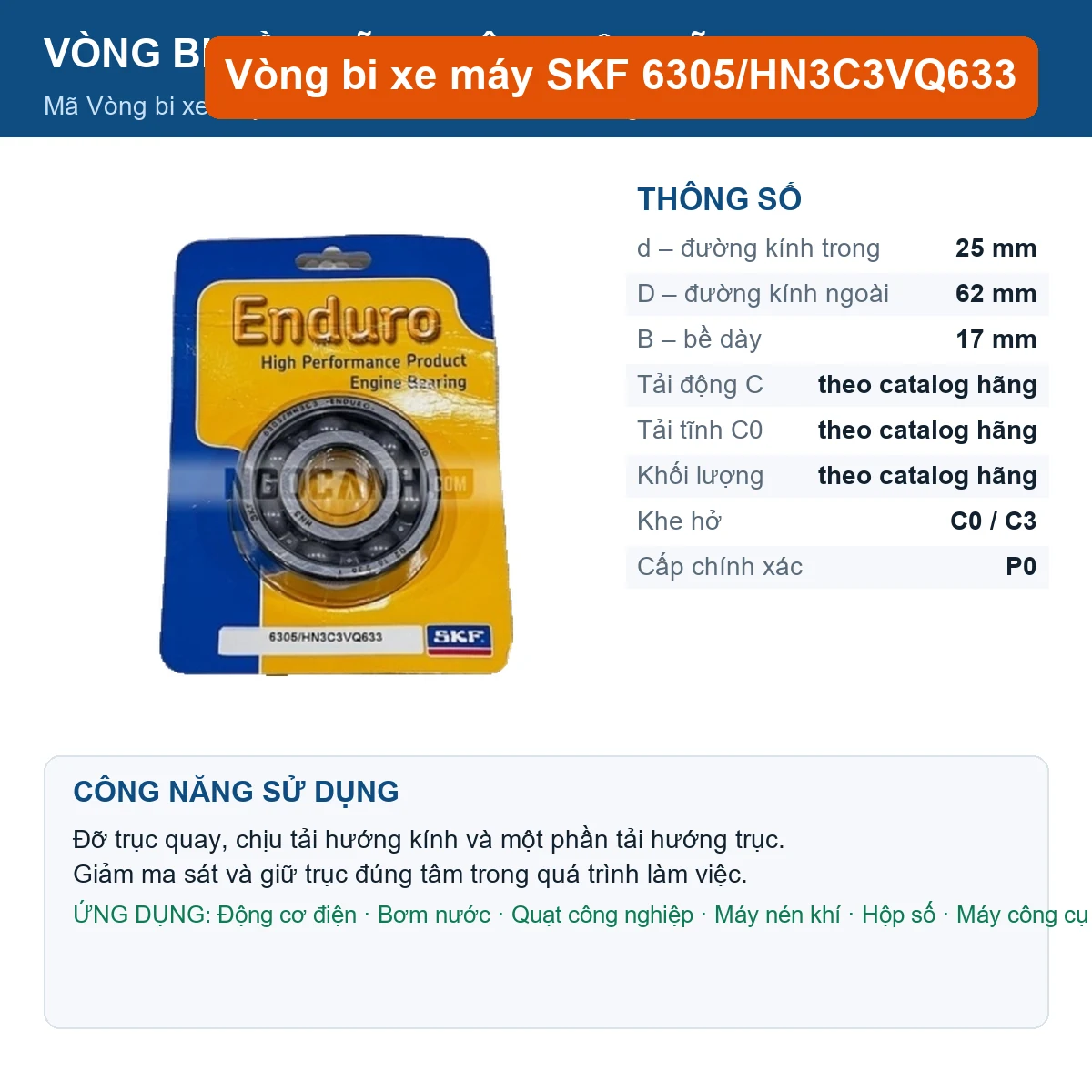 Vòng bi SKF 6305/HN3C3VQ633 25x62x17mm — Ảnh đăng sản phẩm (web)