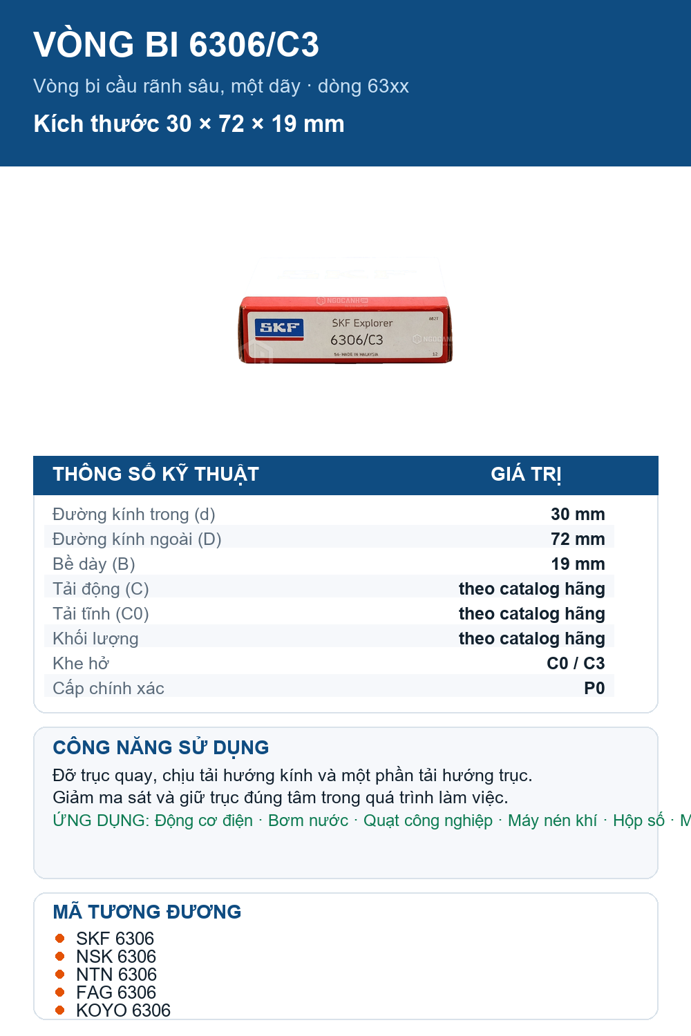 Vòng bi SKF 6306/C3 30x72x19mm — Ảnh thông số (Pinterest)