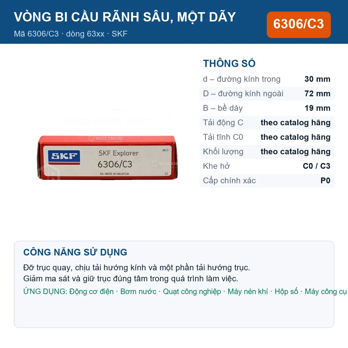 Vòng bi SKF 6306/C3 — kích thước 30x72x19mm