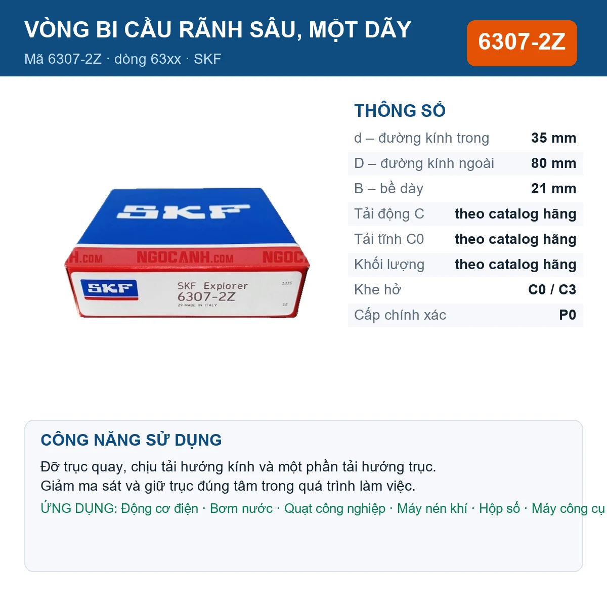 Vòng bi SKF 6307-2Z — kích thước 35x80x21mm