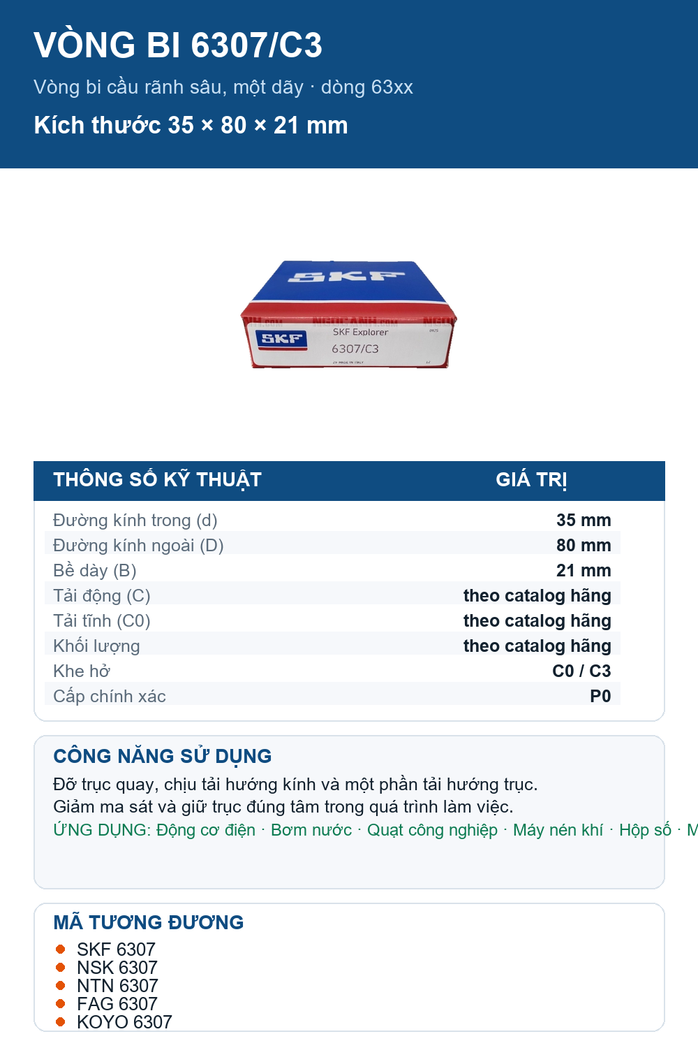 Vòng bi SKF 6307/C3 35x80x21mm — Ảnh thông số (Pinterest)
