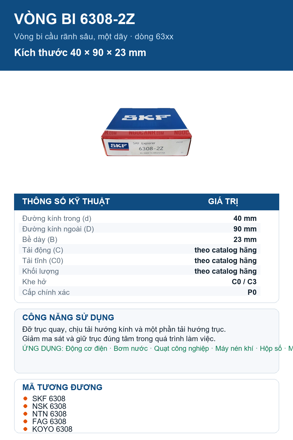 Vòng bi SKF 6308-2Z 40x90x23mm — Ảnh thông số (Pinterest)