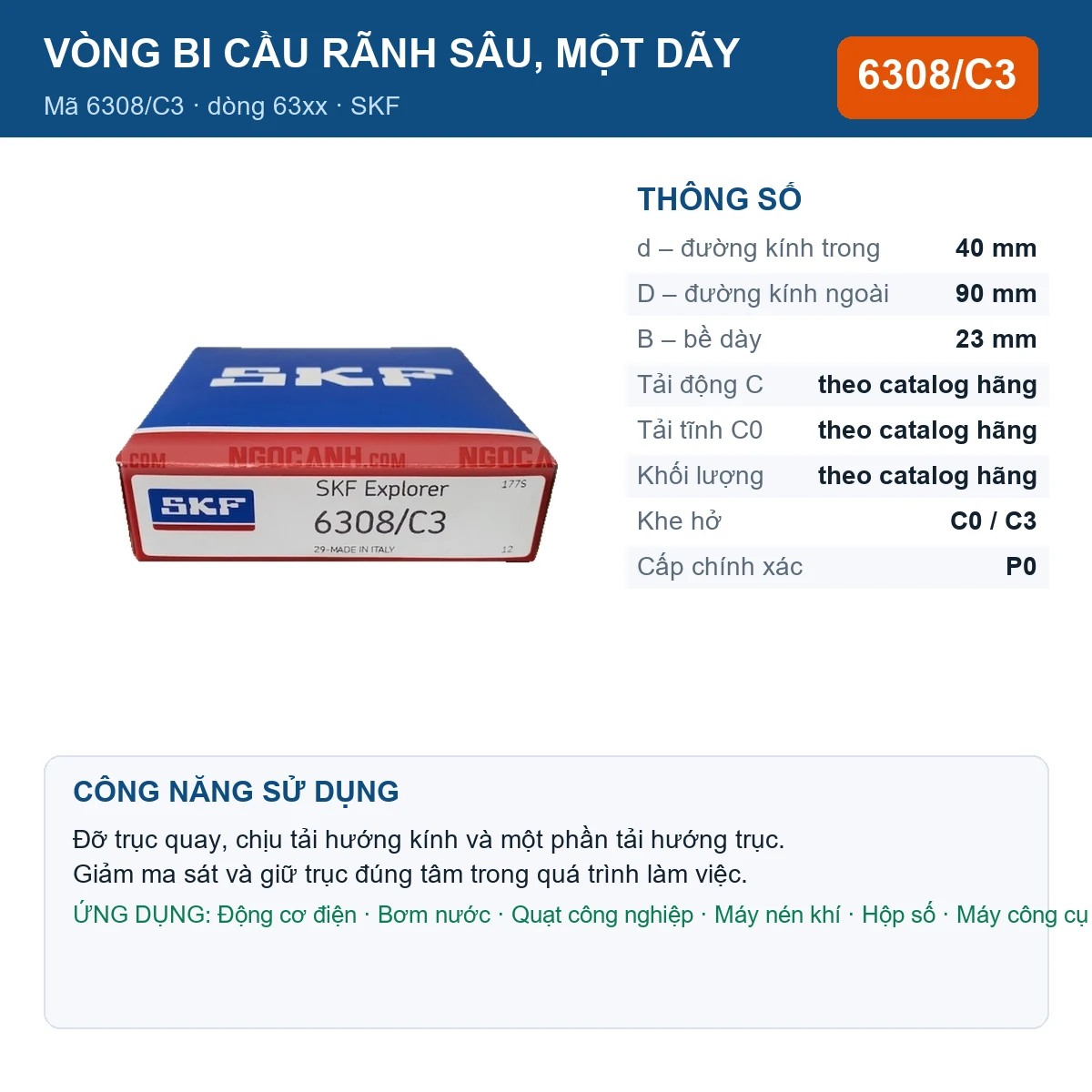 Vòng bi SKF 6308/C3 — kích thước 40x90x23mm