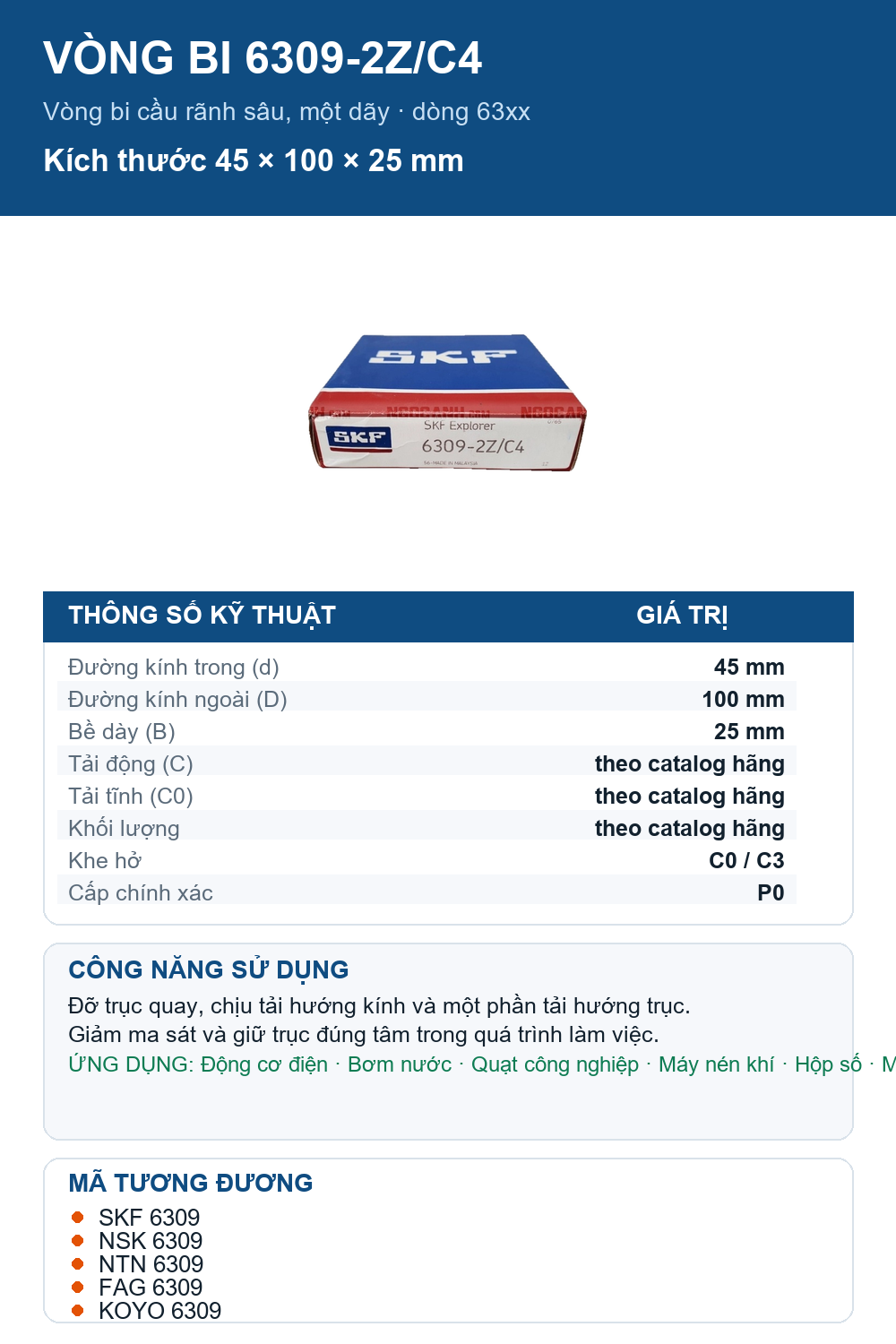 Vòng bi SKF 6309-2Z/C4 45x100x25mm — Ảnh thông số (Pinterest)