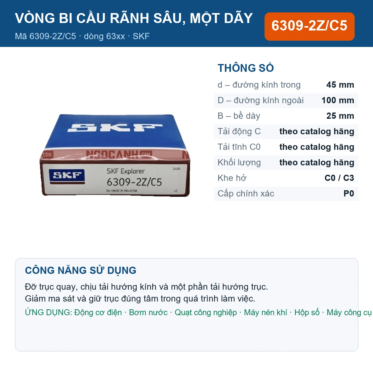 Vòng bi SKF 6309-2Z/C5 — kích thước 45x100x25mm