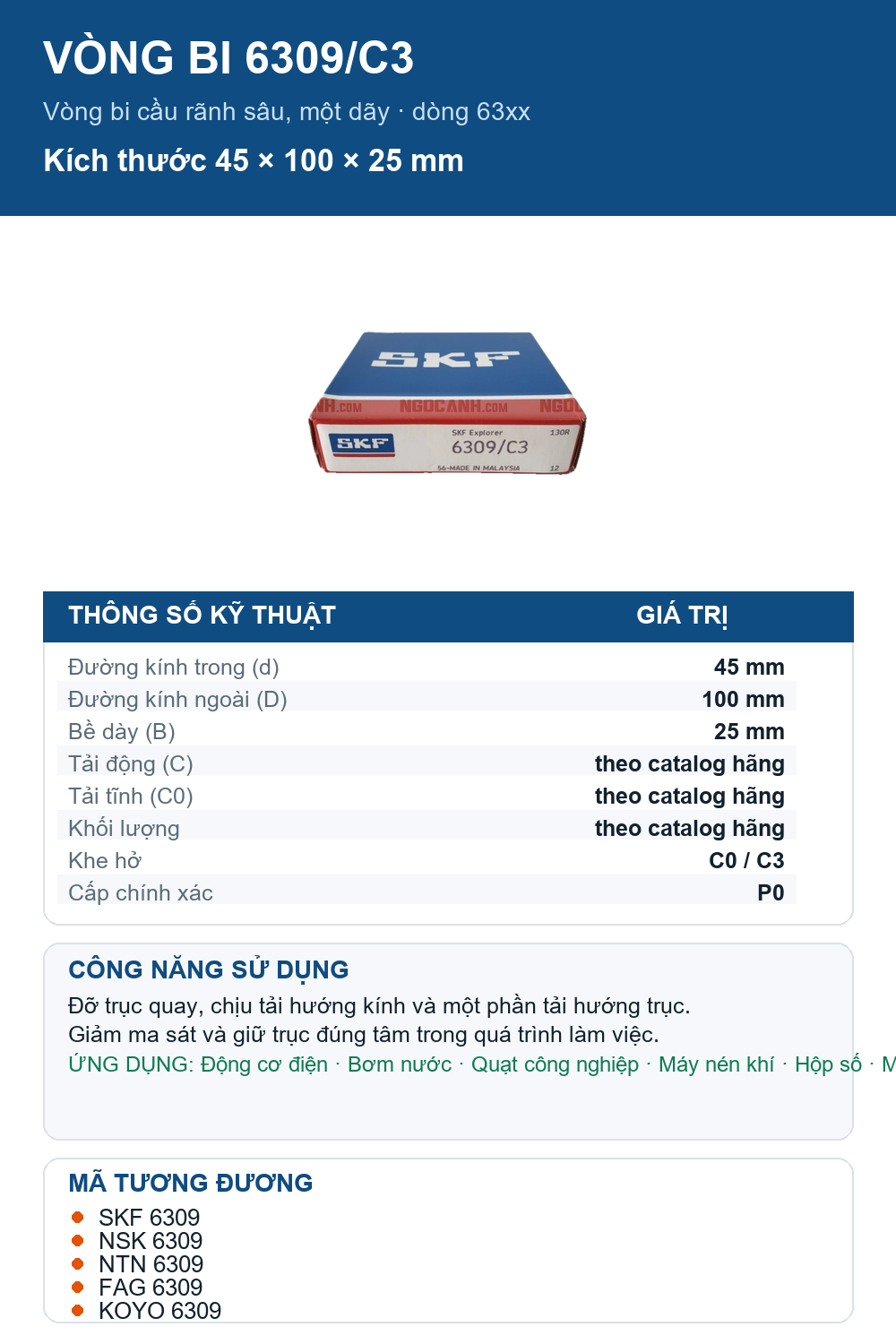 Vòng bi SKF 6309/C3 45x100x25mm — Ảnh thông số (Pinterest)