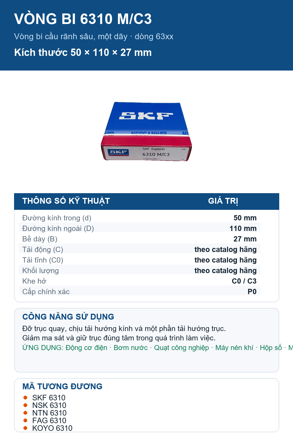 Vòng bi SKF 6310 M/C3 50x110x27mm — Ảnh thông số (Pinterest)