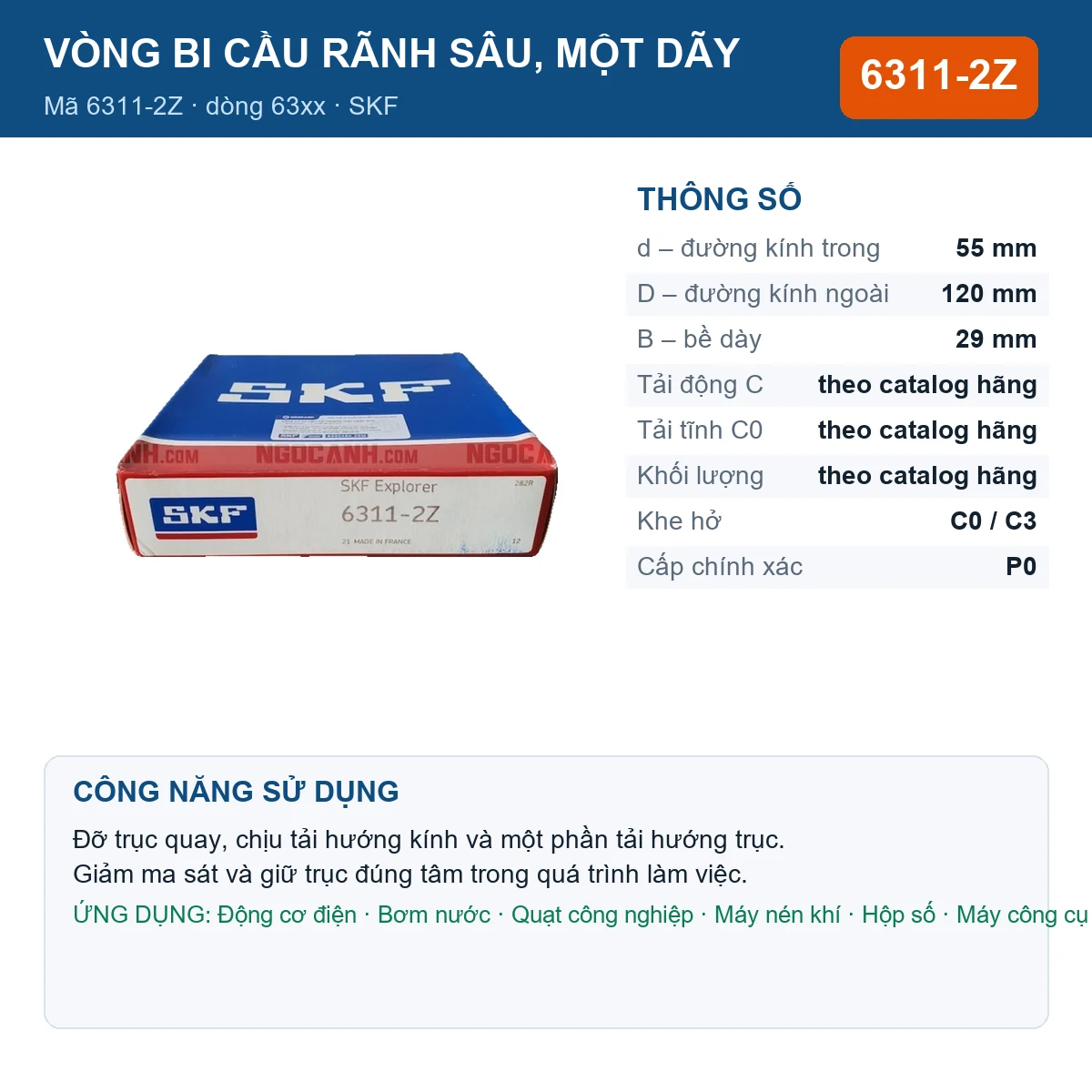 Vòng bi SKF 6311-2Z — kích thước 55x120x29mm