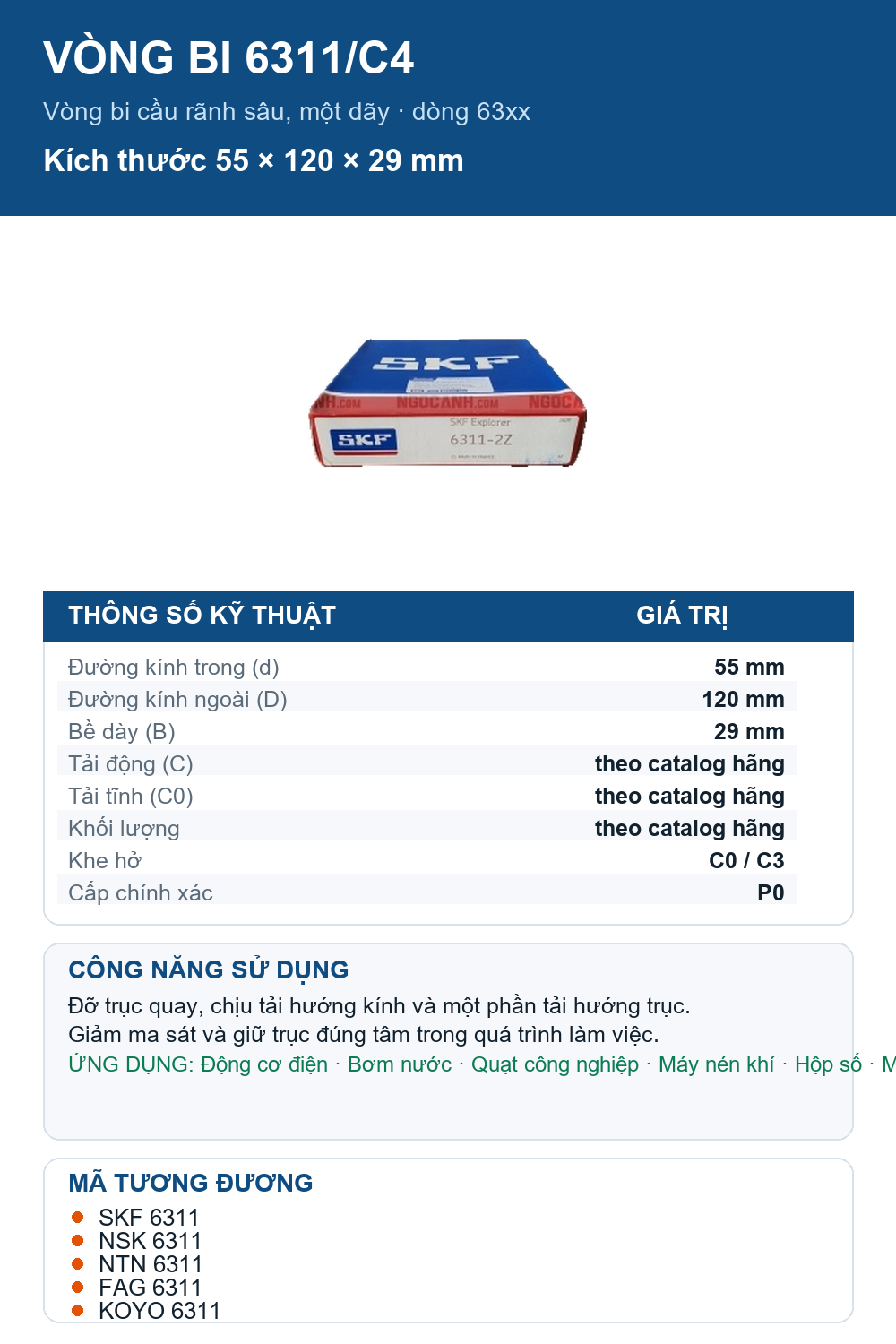 Vòng bi SKF 6311/C4 55x120x29mm — Ảnh thông số (Pinterest)