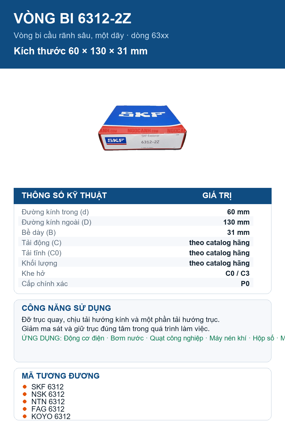 Vòng bi SKF 6312-2Z 60x130x31mm — Ảnh thông số (Pinterest)