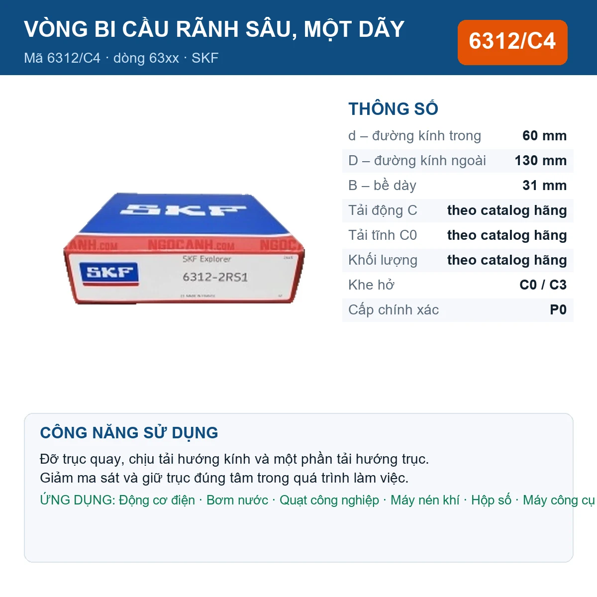 Vòng bi SKF 6312/C4 — kích thước 60x130x31mm