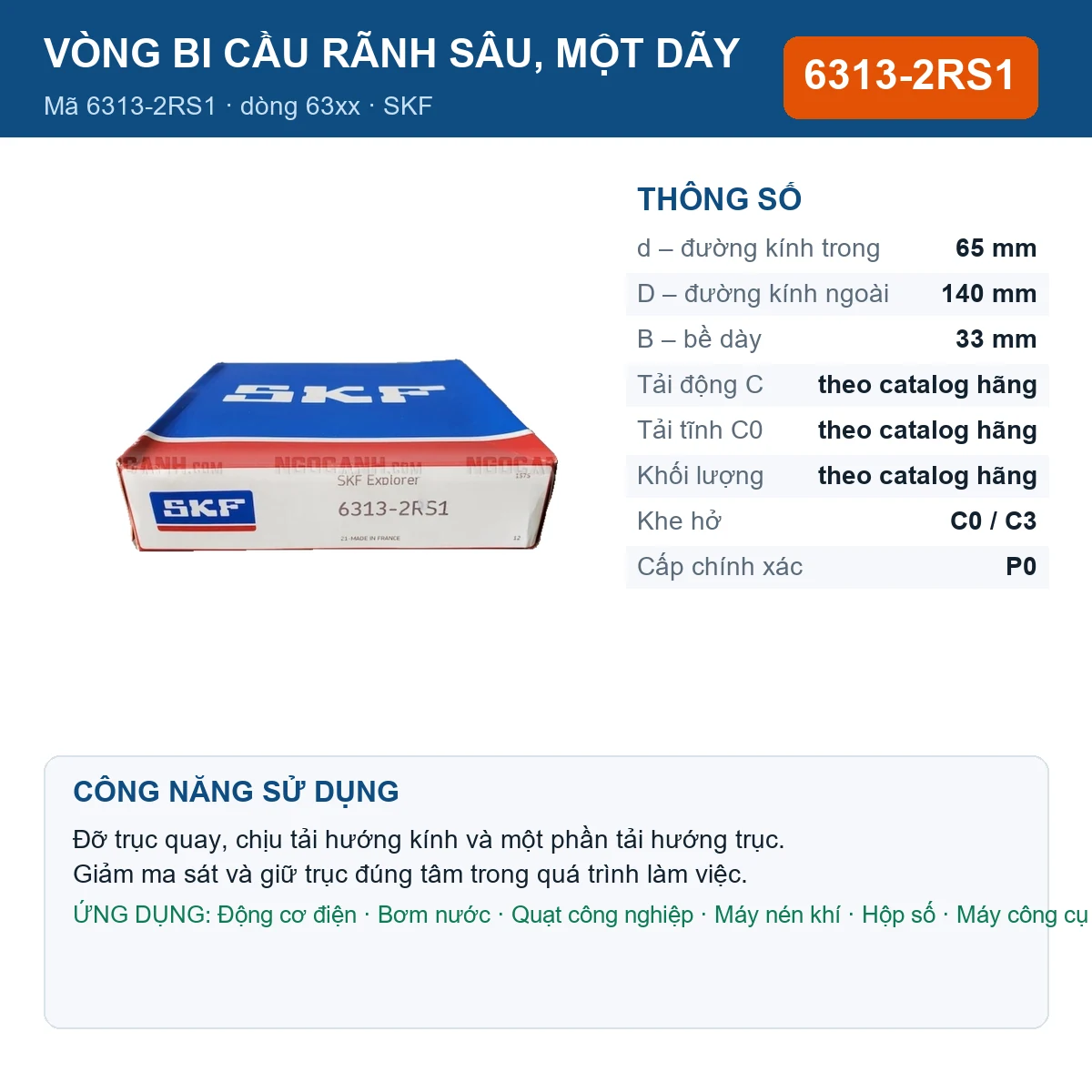 Vòng bi SKF 6313-2RS1 — kích thước 65x140x33mm