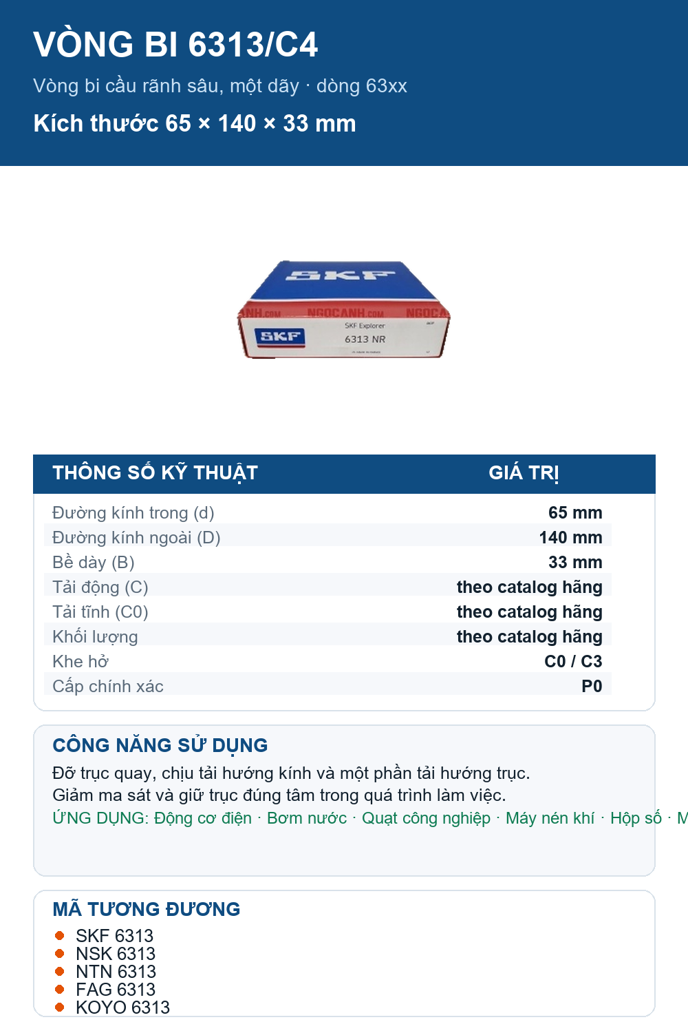 Vòng bi SKF 6313/C4 65x140x33mm — Ảnh thông số (Pinterest)