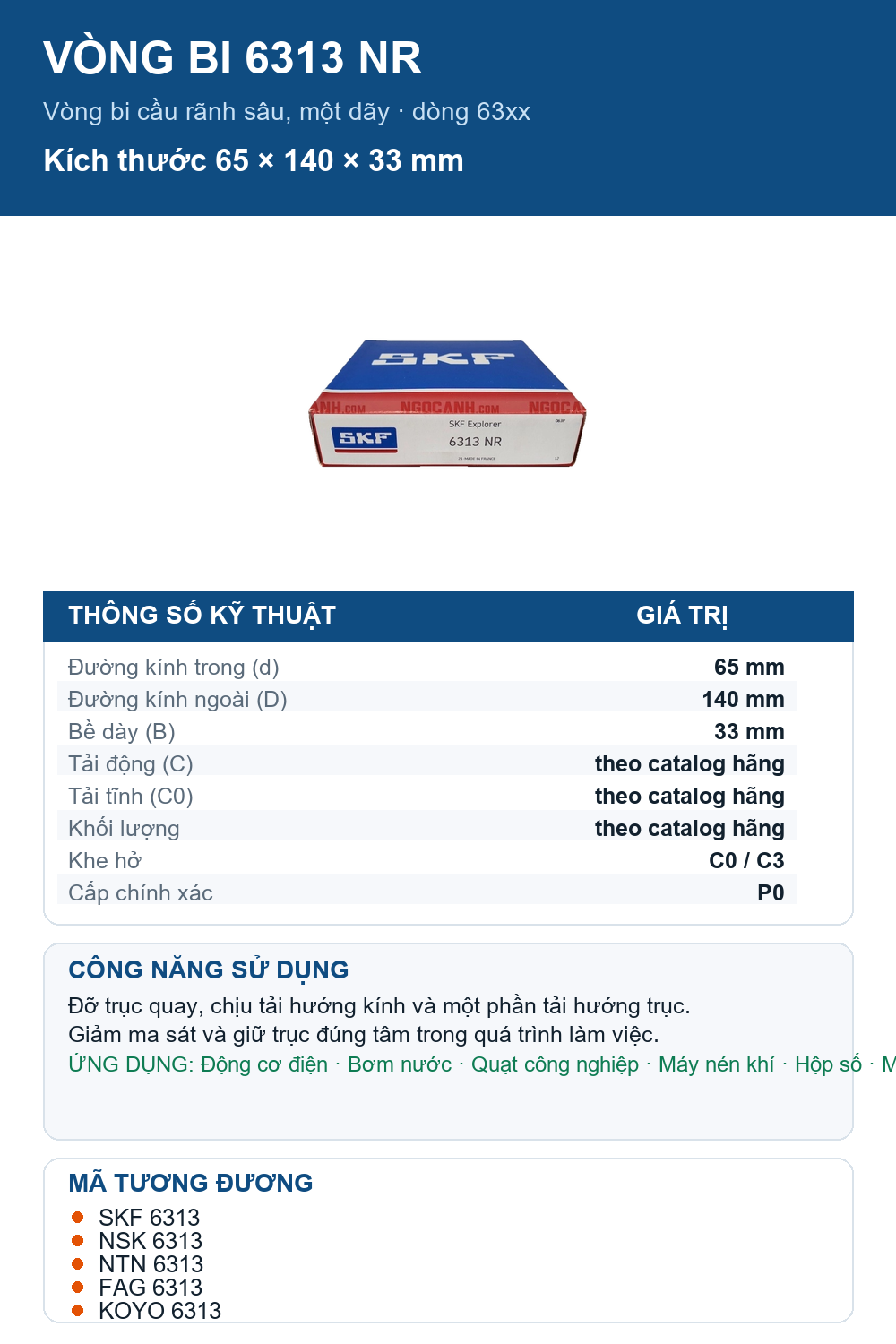 Vòng bi SKF 6313 NR 65x140x33mm — Ảnh thông số (Pinterest)