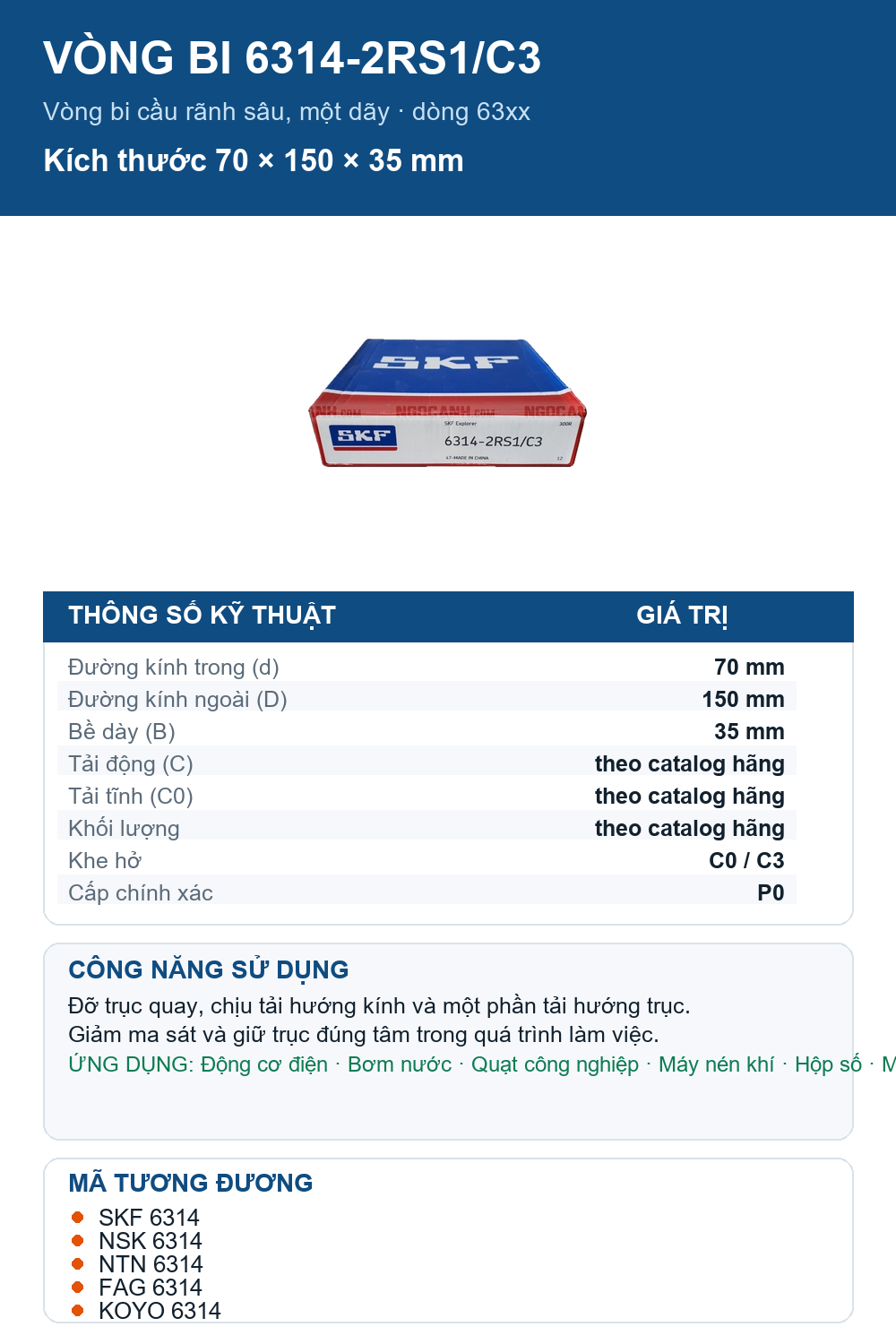Vòng bi SKF 6314-2RS1/C3 70x150x35mm — Ảnh thông số (Pinterest)