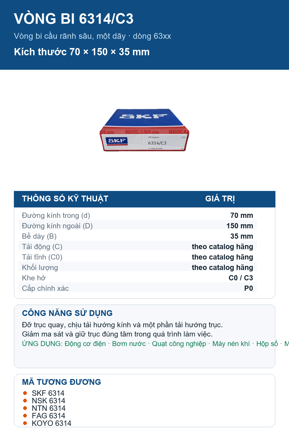 Vòng bi SKF 6314/C3 70x150x35mm — Ảnh thông số (Pinterest)