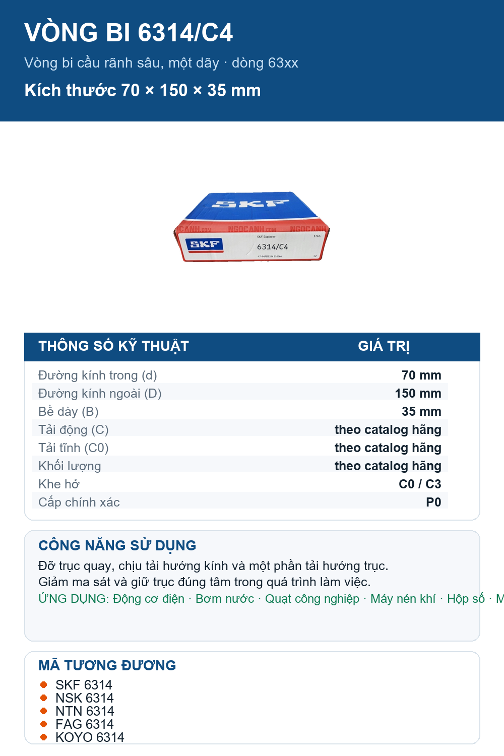 Vòng bi SKF 6314/C4 70x150x35mm — Ảnh thông số (Pinterest)