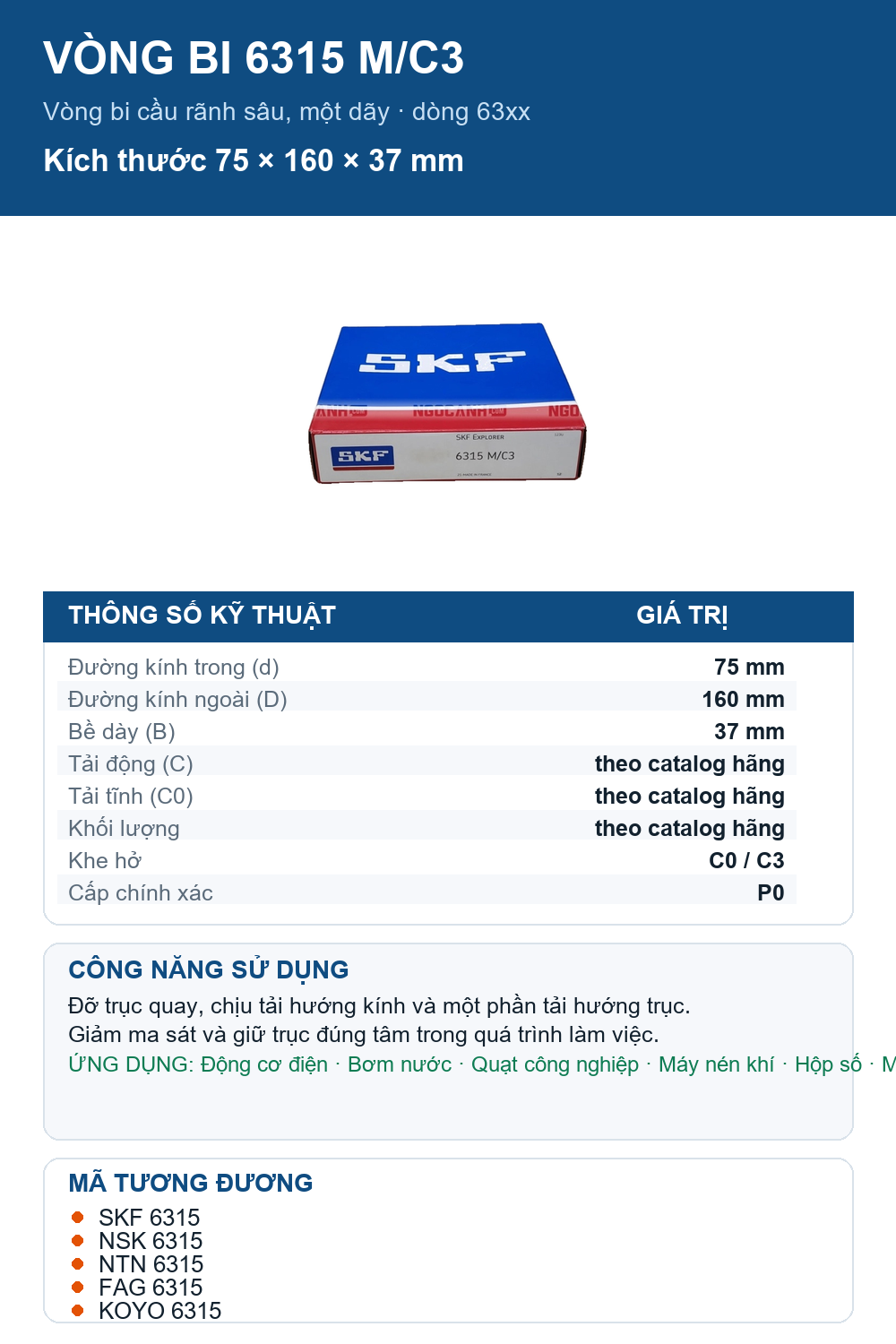 Vòng bi SKF 6315 M/C3 75x160x37mm — Ảnh thông số (Pinterest)