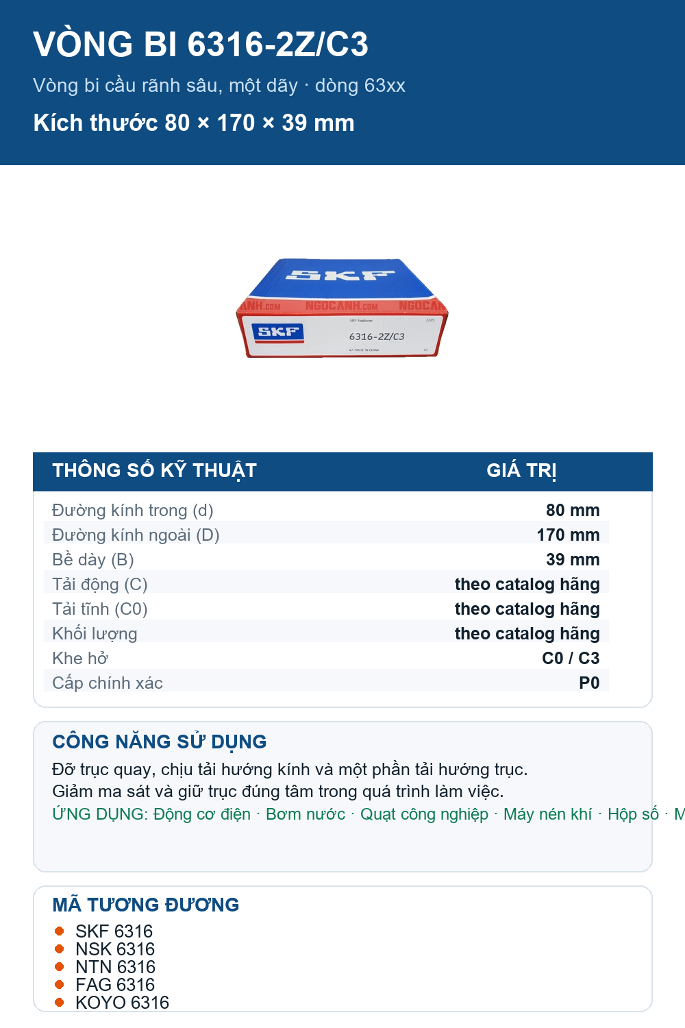 Vòng bi SKF 6316-2Z/C3 80x170x39mm — Ảnh thông số (Pinterest)