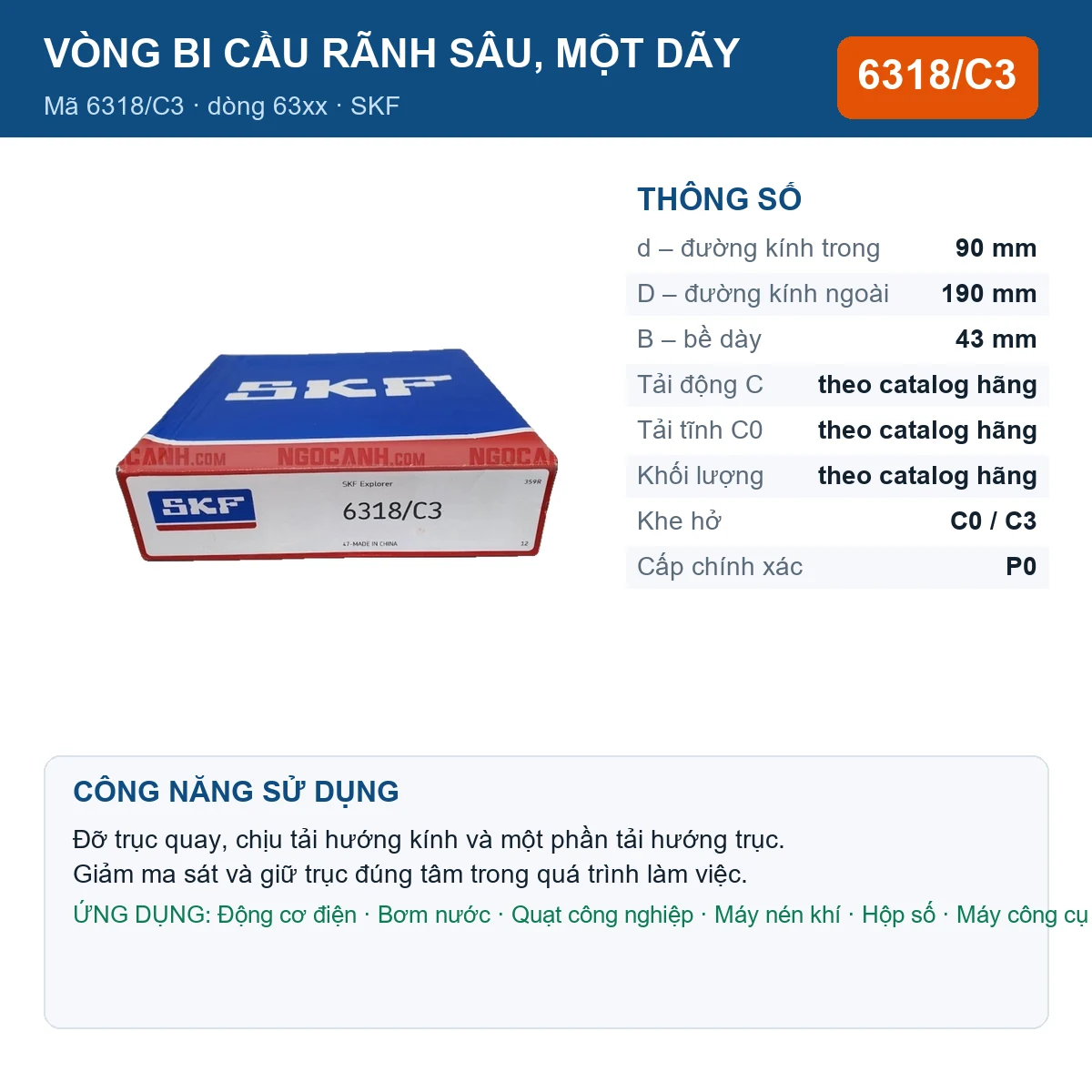 Vòng bi SKF 6318/C3 90x190x43mm — Ảnh đăng sản phẩm (web)