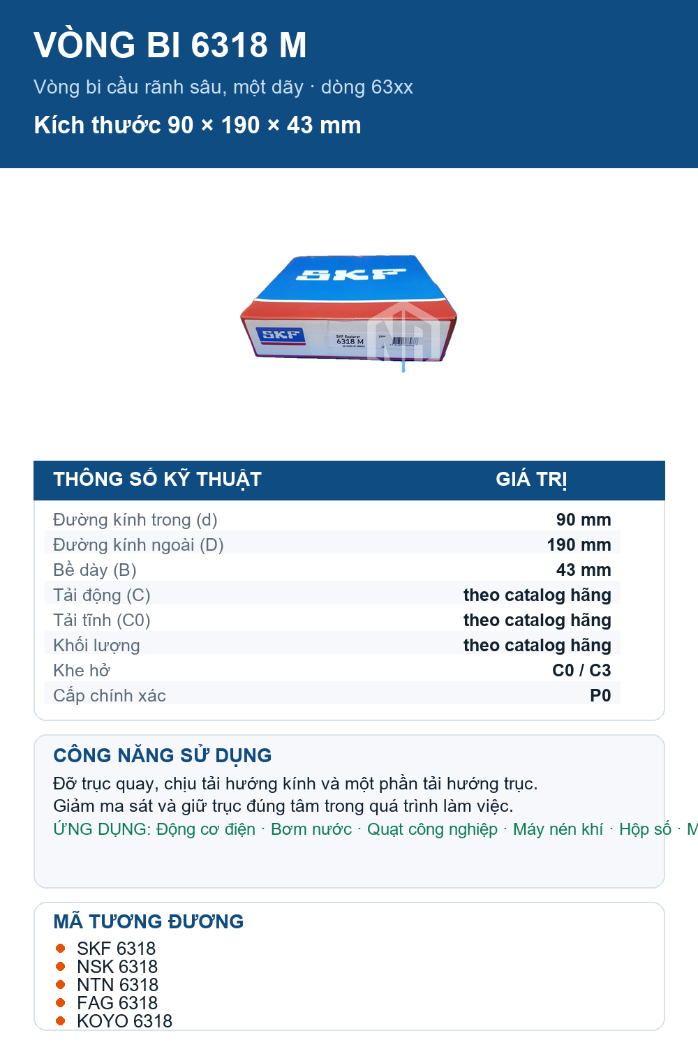 Vòng bi SKF 6318 M 90x190x43mm — Ảnh thông số (Pinterest)
