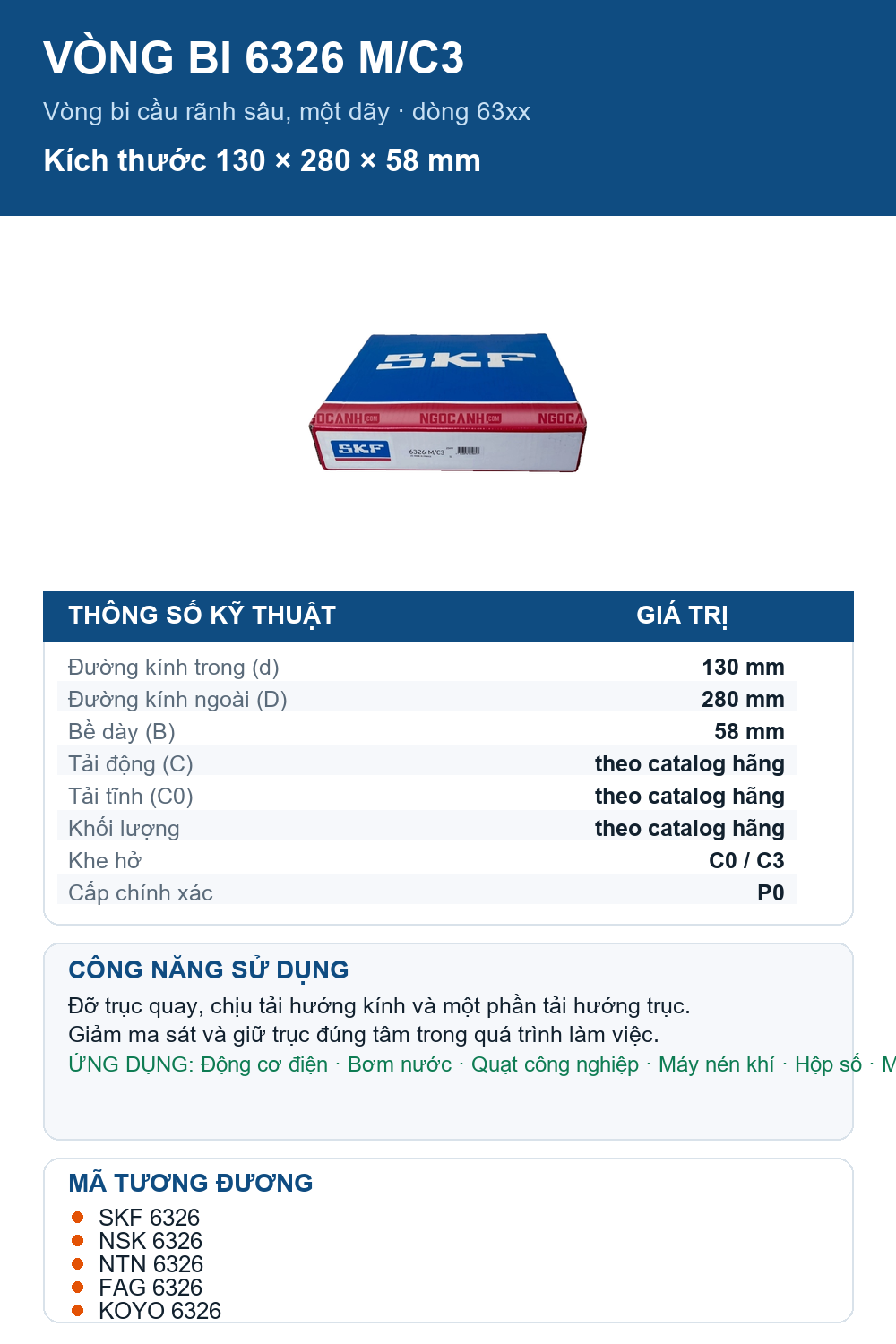 Vòng bi SKF 6326 M/C3 130x280x58mm — Ảnh thông số (Pinterest)