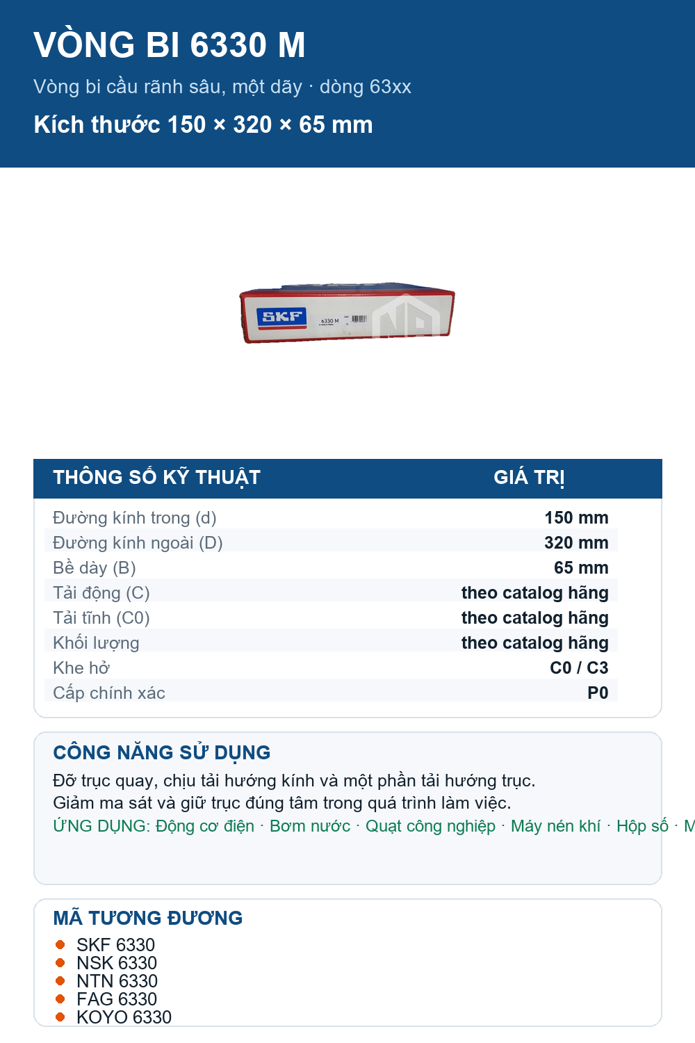Vòng bi SKF 6330 M 150x320x65mm — Ảnh thông số (Pinterest)