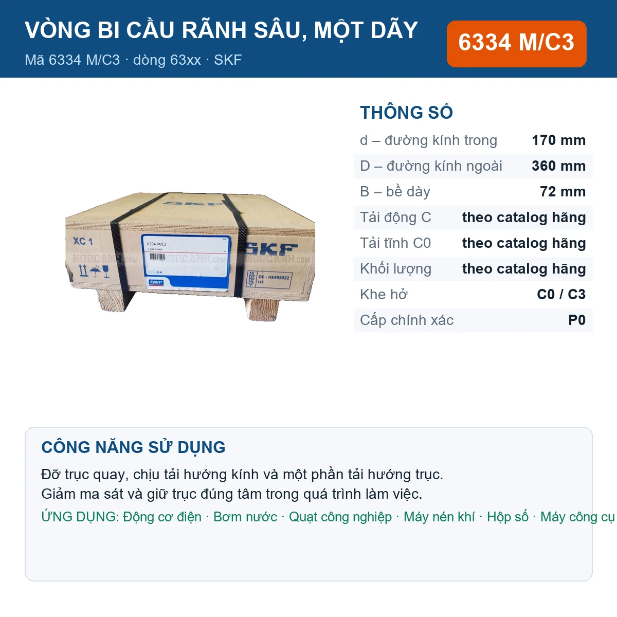Vòng bi SKF 6334 M/C3 170x360x72mm — Ảnh đăng sản phẩm (web)