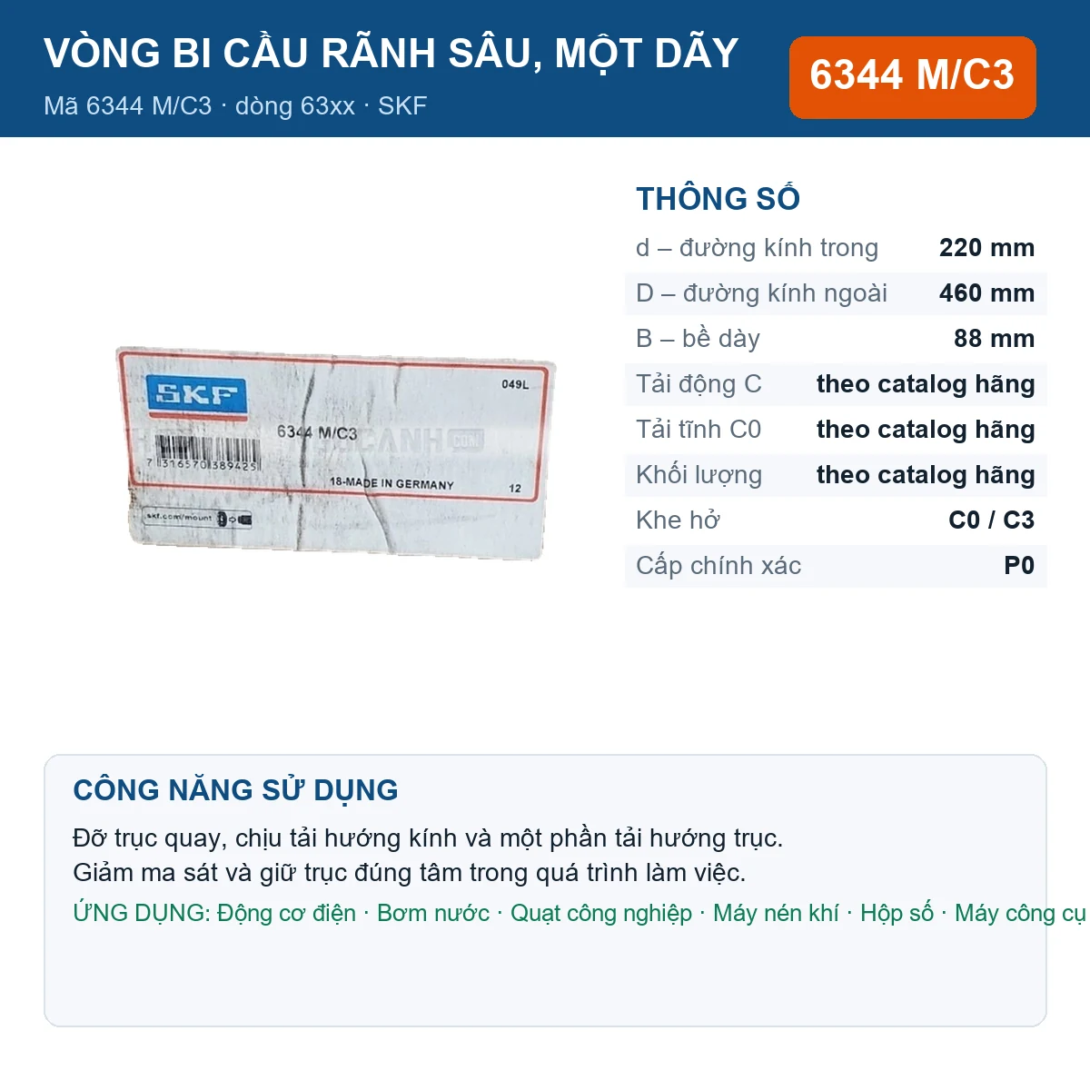 Vòng bi SKF 6344 M/C3 220x460x88mm — Ảnh đăng sản phẩm (web)