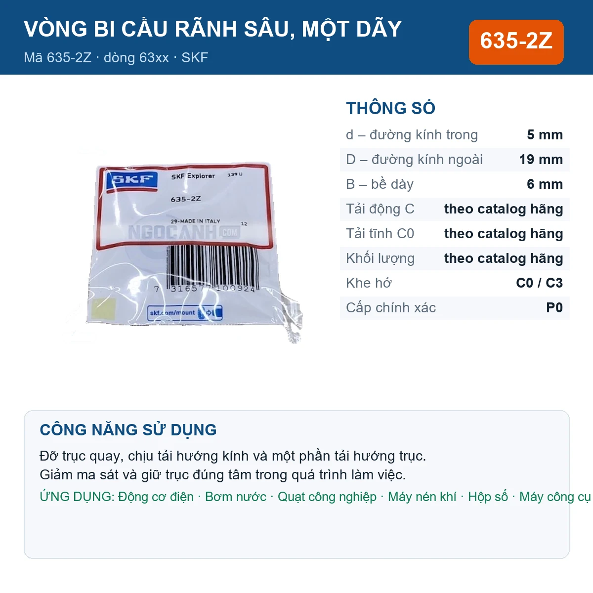 Vòng bi SKF 635-2Z — kích thước 5x19x6mm