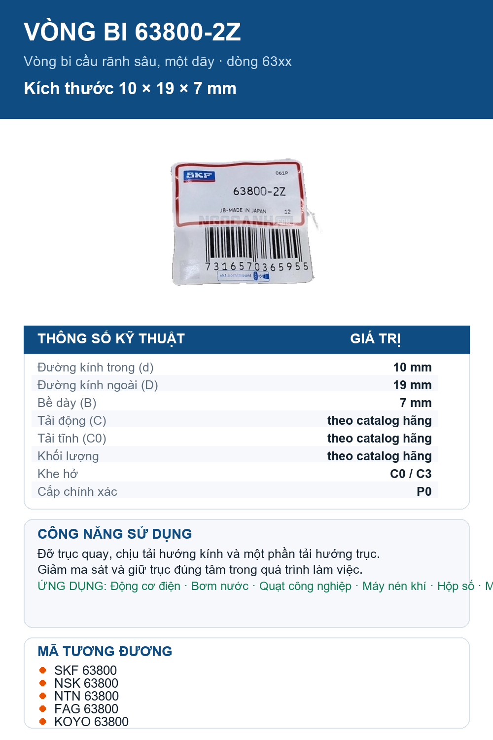 Vòng bi SKF 63800-2Z 10x19x7mm — Ảnh thông số (Pinterest)