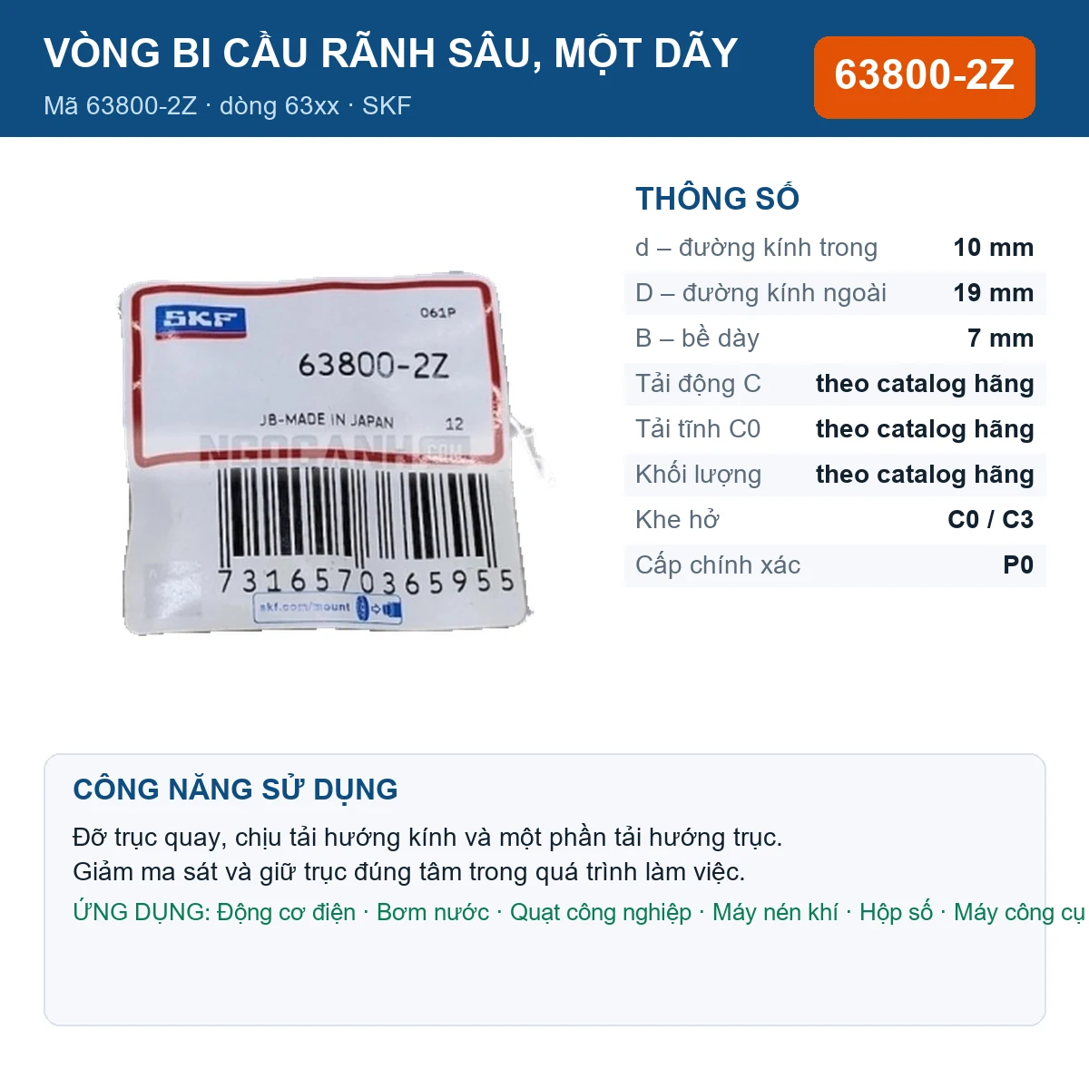 Vòng bi SKF 63800-2Z 10x19x7mm — Ảnh đăng sản phẩm (web)